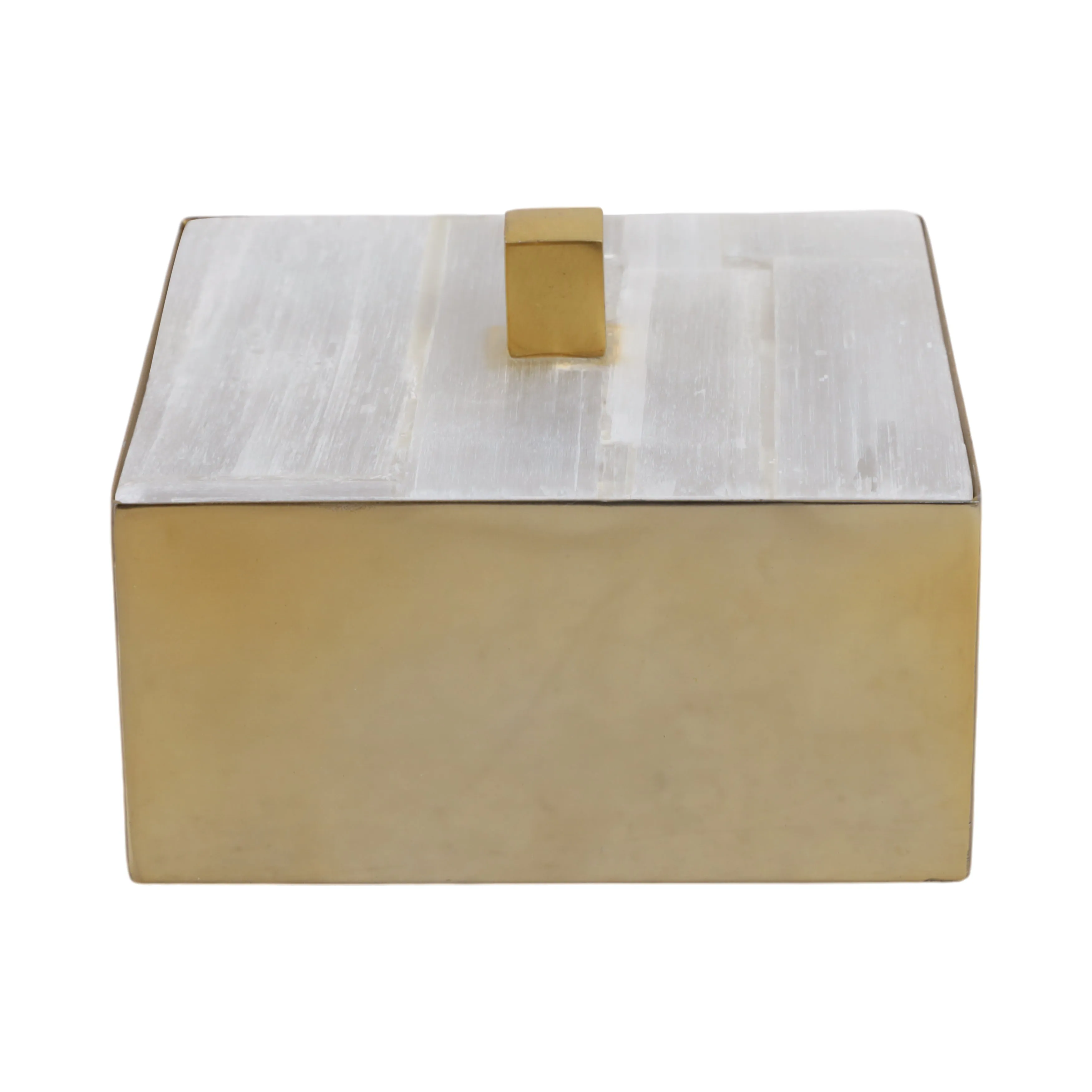 6" Square Selenite Top Box, White/gold