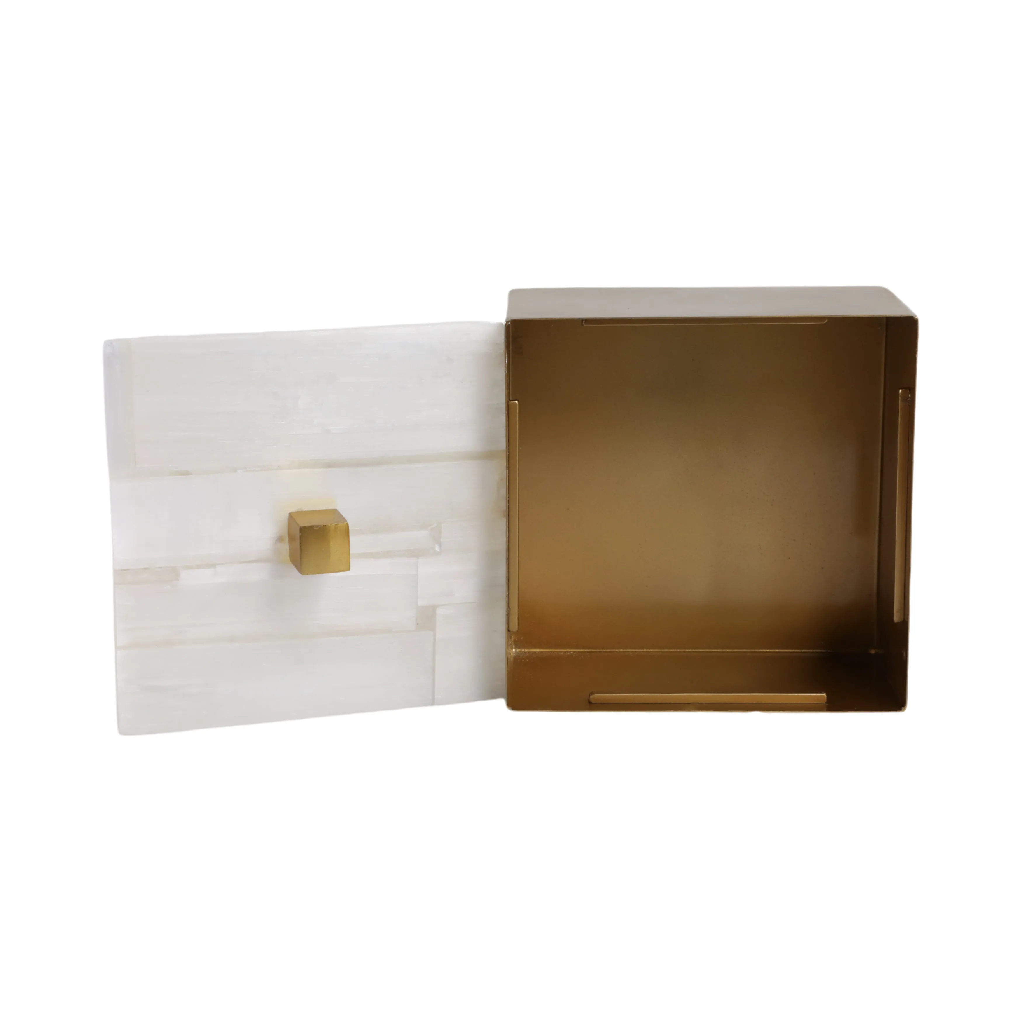 6" Square Selenite Top Box, White/gold