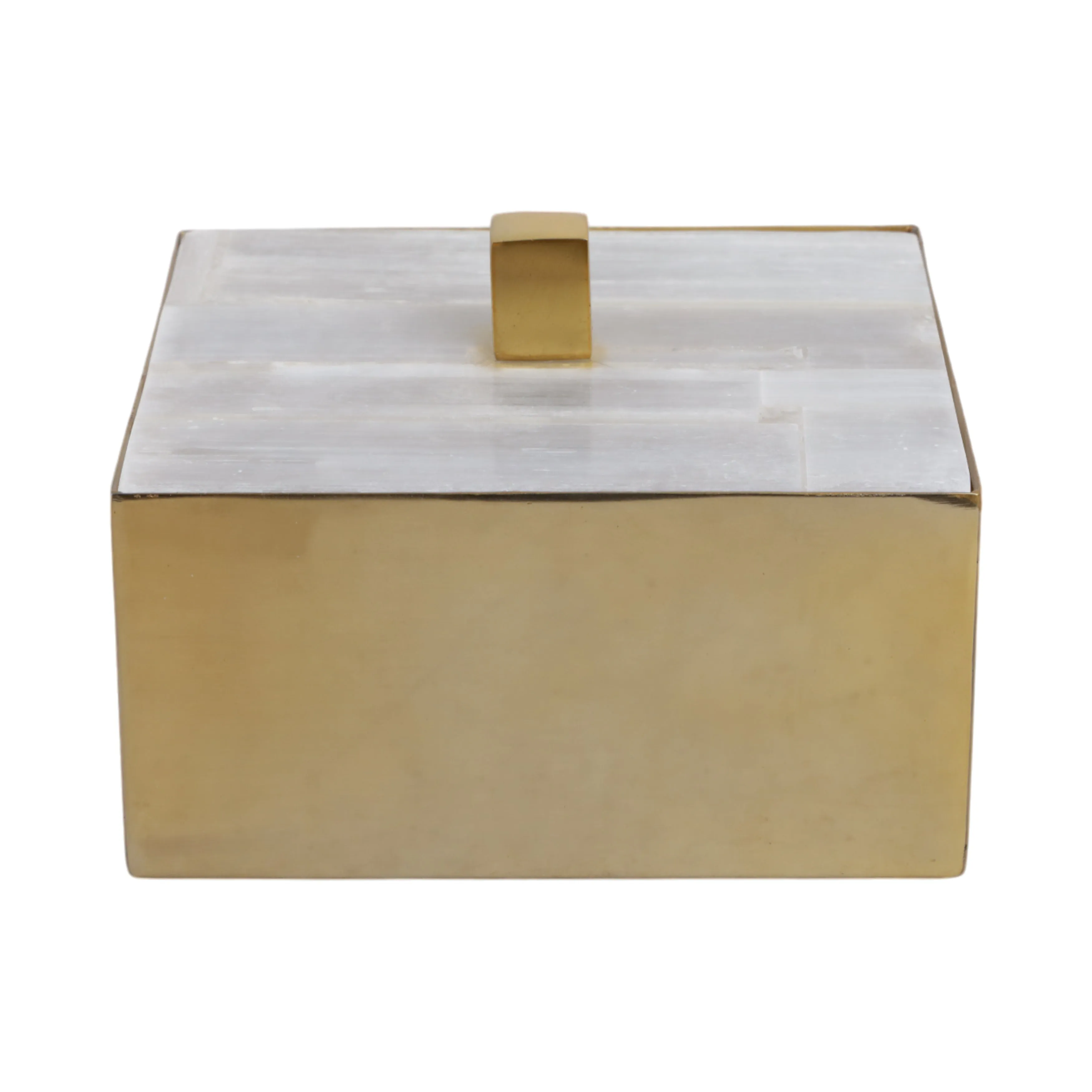 6" Square Selenite Top Box, White/gold