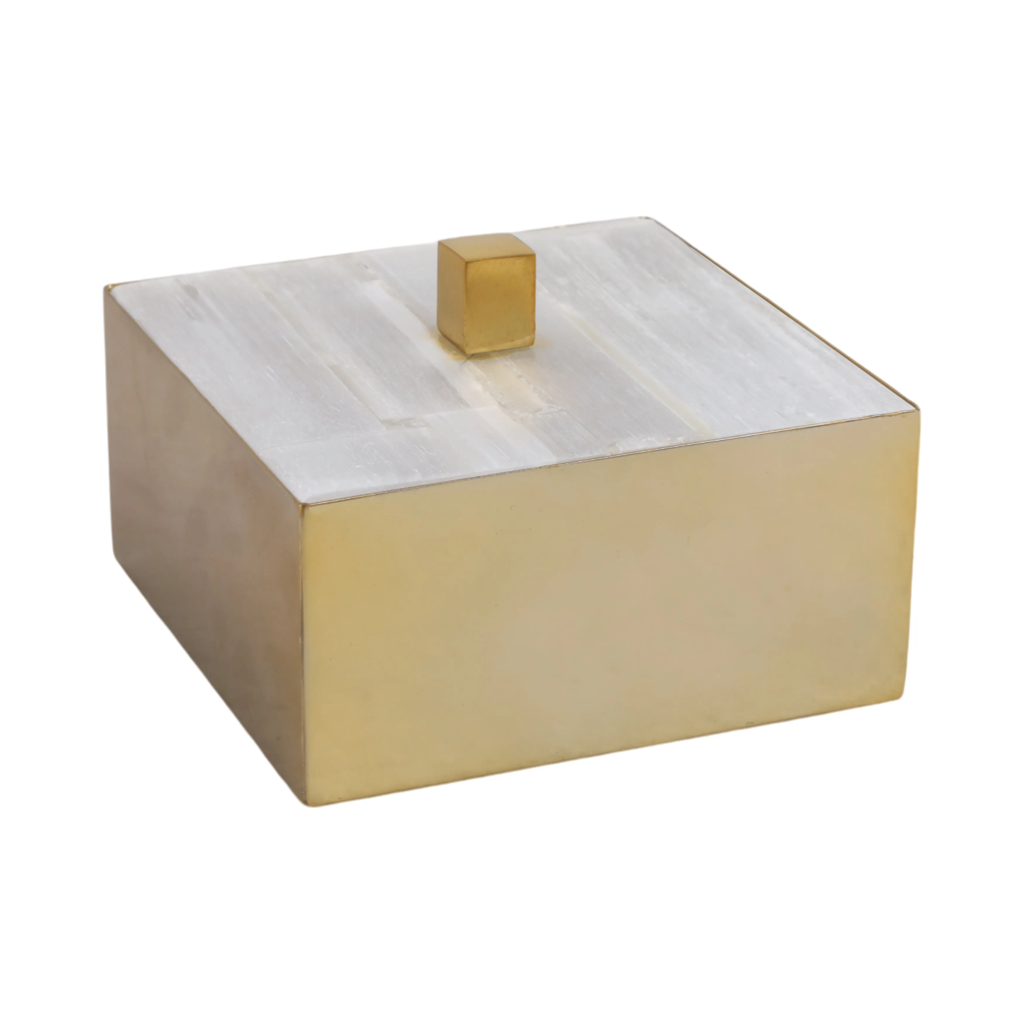 6" Square Selenite Top Box, White/gold