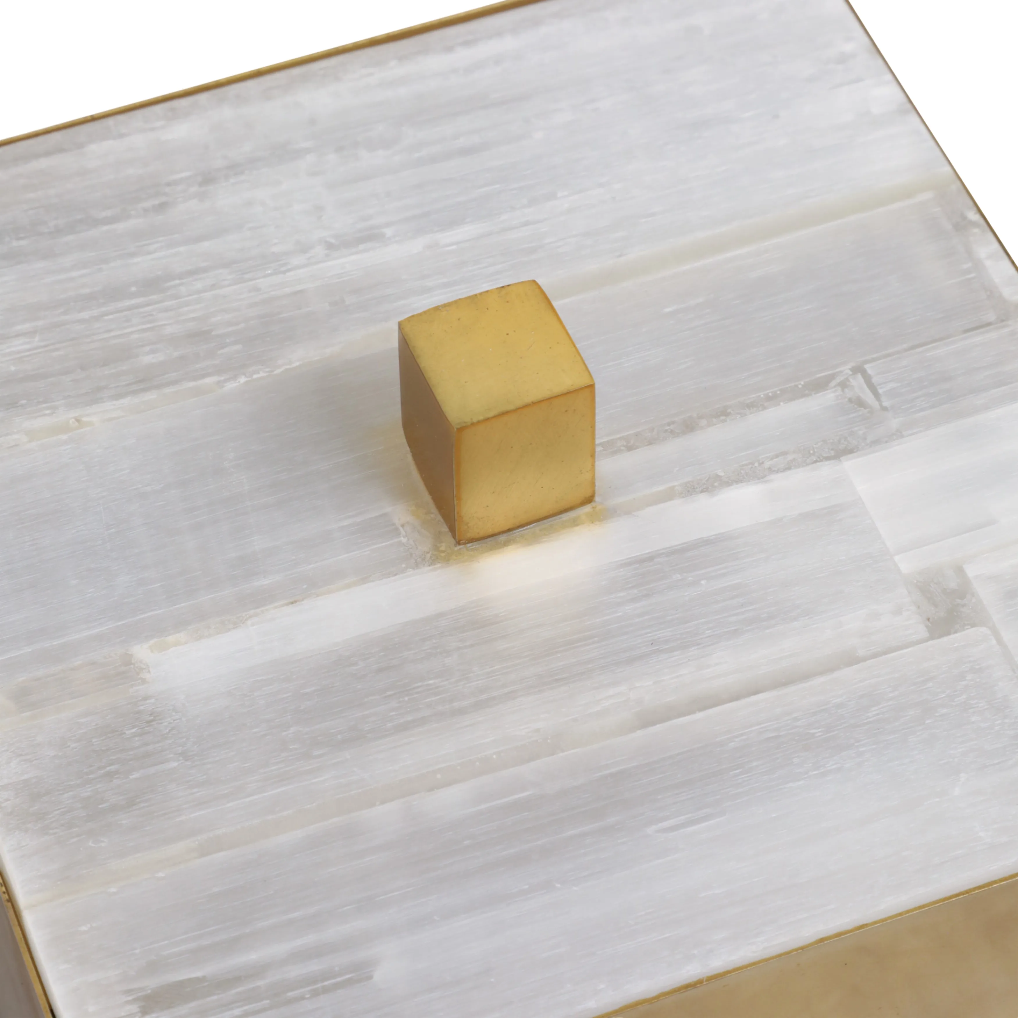 6" Square Selenite Top Box, White/gold