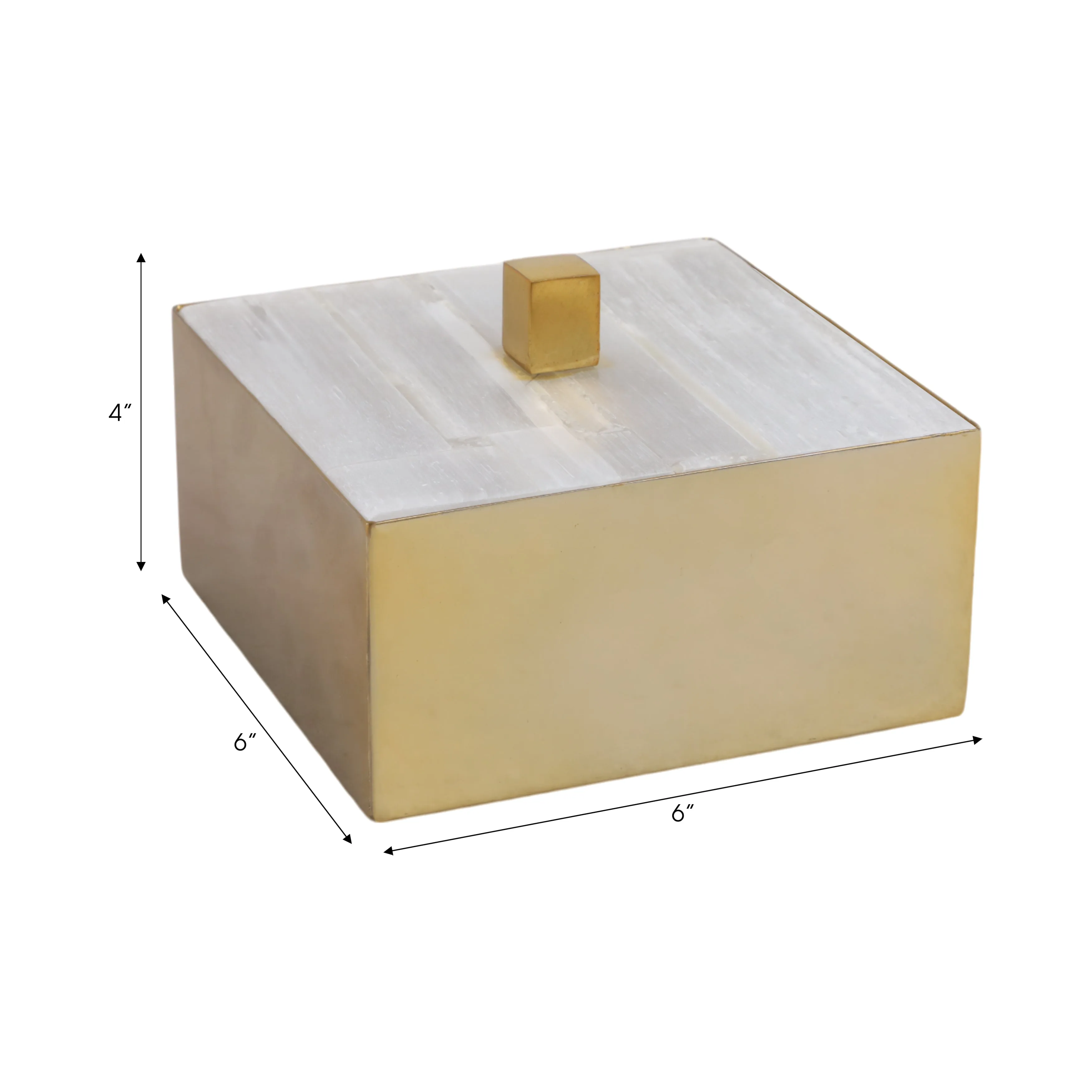 6" Square Selenite Top Box, White/gold