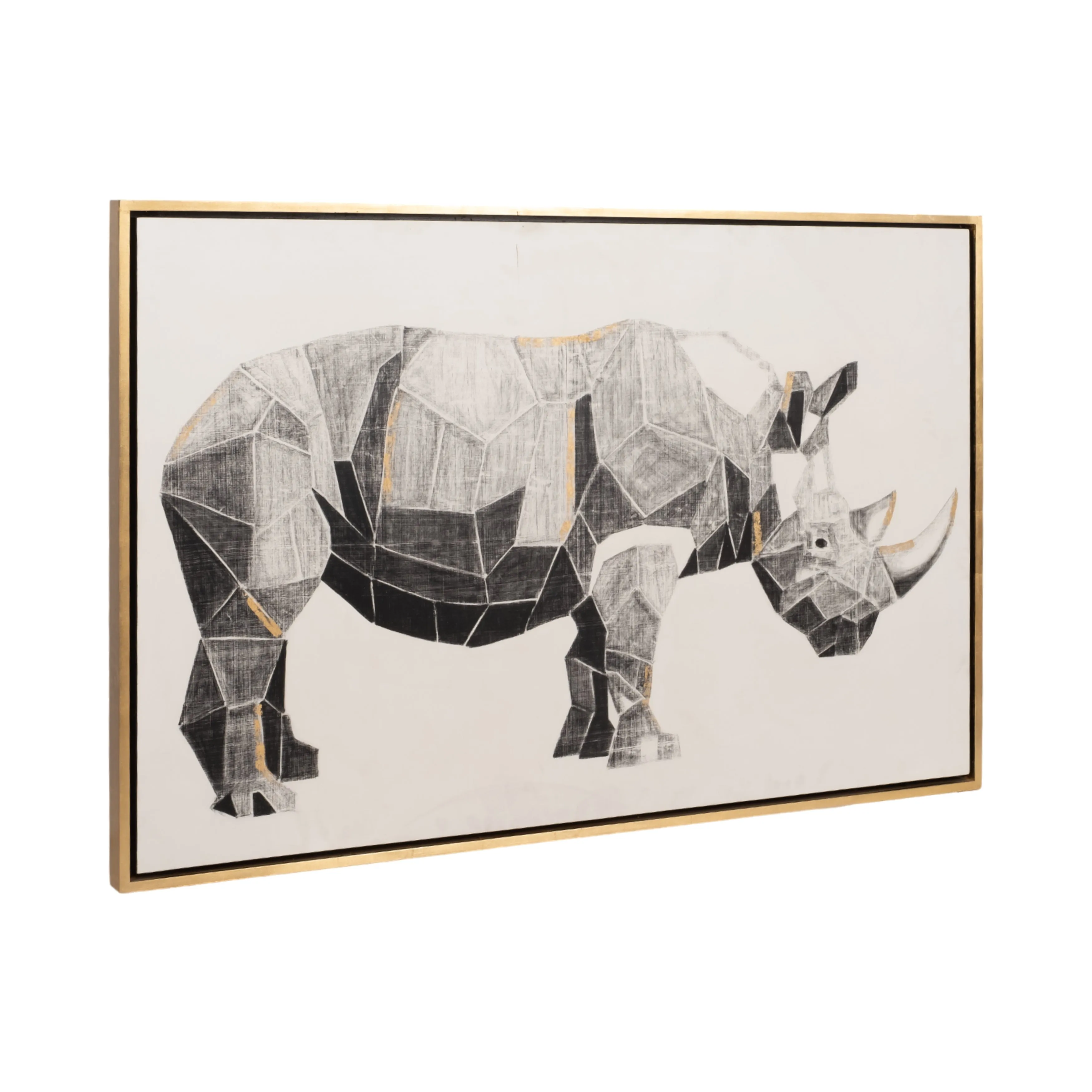 71X47, HAND PAINTED CHARCOAL RHINO W/GOLD LEAF