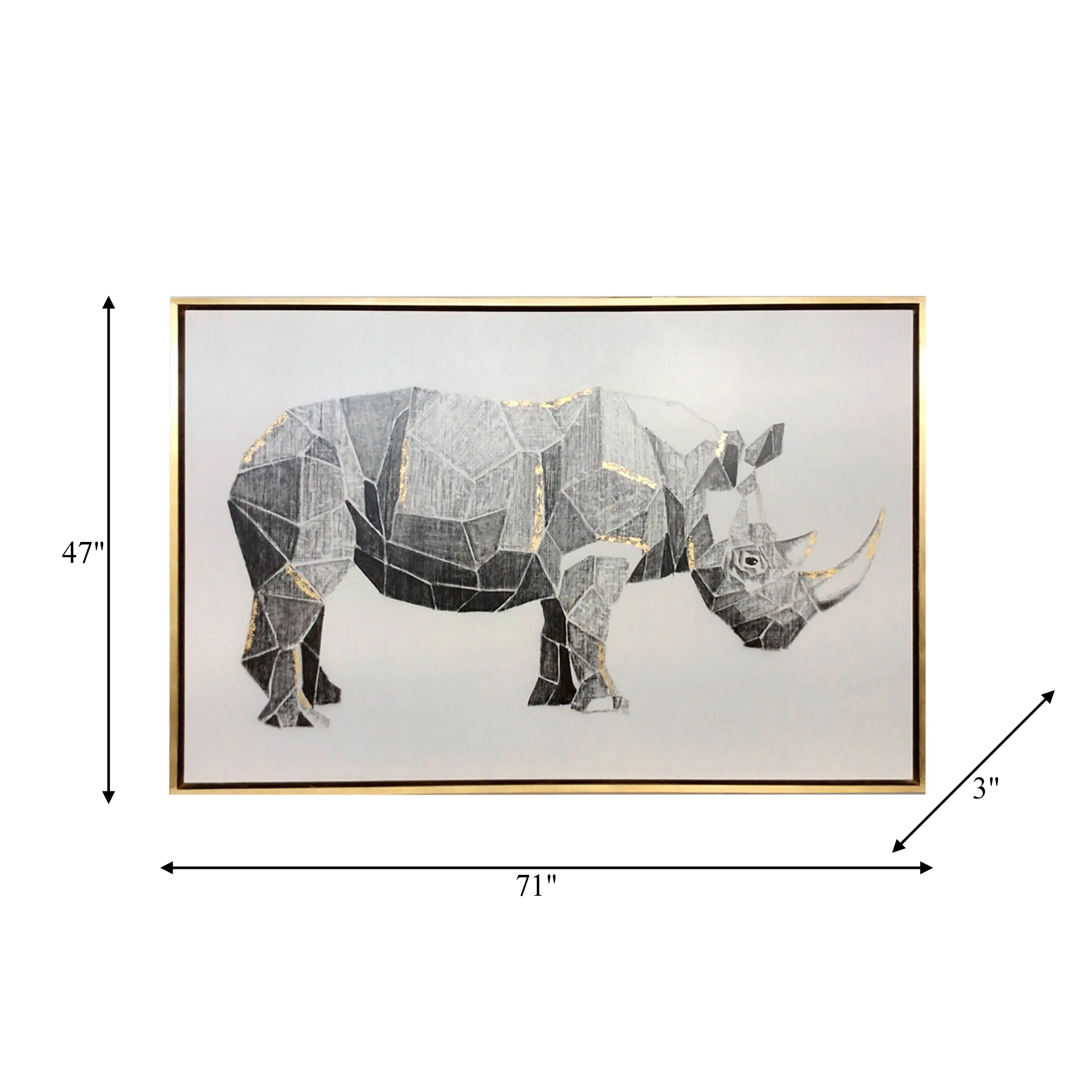 71X47, HAND PAINTED CHARCOAL RHINO W/GOLD LEAF