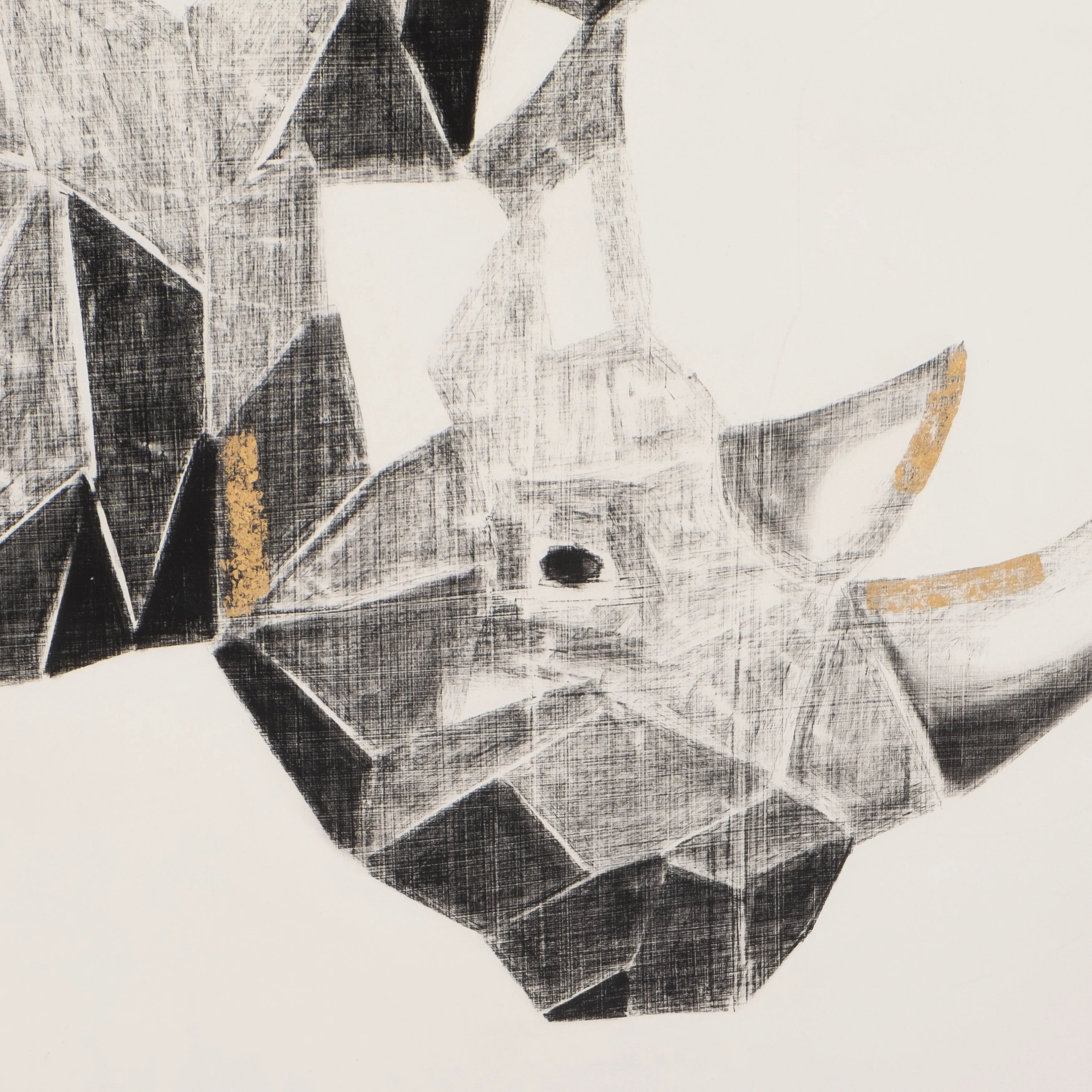 71X47, HAND PAINTED CHARCOAL RHINO W/GOLD LEAF