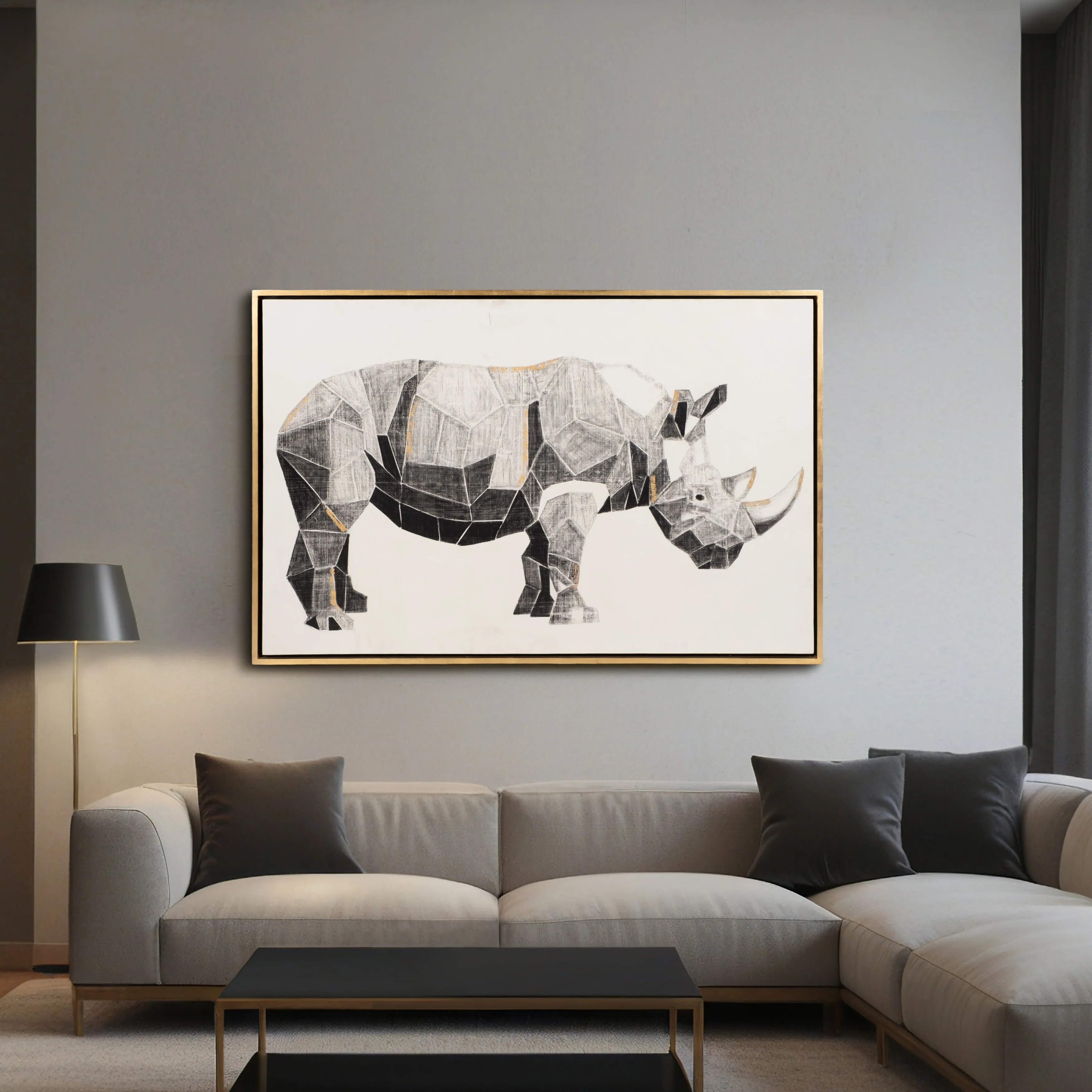 71X47, HAND PAINTED CHARCOAL RHINO W/GOLD LEAF