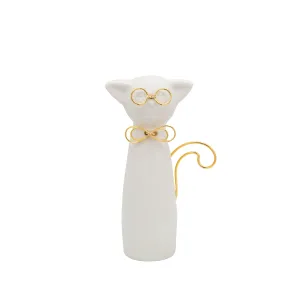7"H CAT W/GLASSES DECO, WHITE