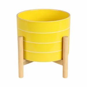 8" STRIPED PLANTER W/ WOOD STAND, YELLOW
