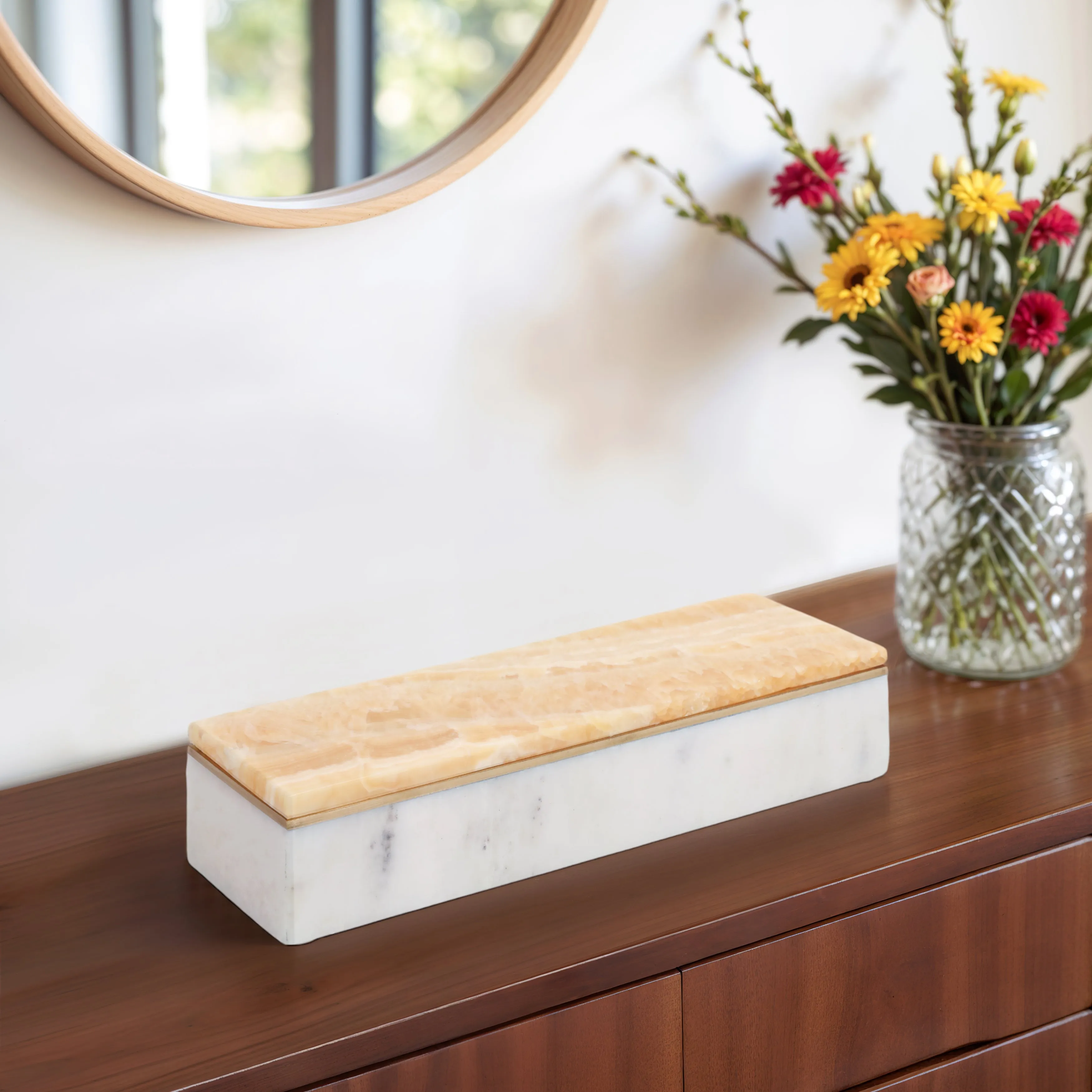 9" Honey Onyx And Brass Box
