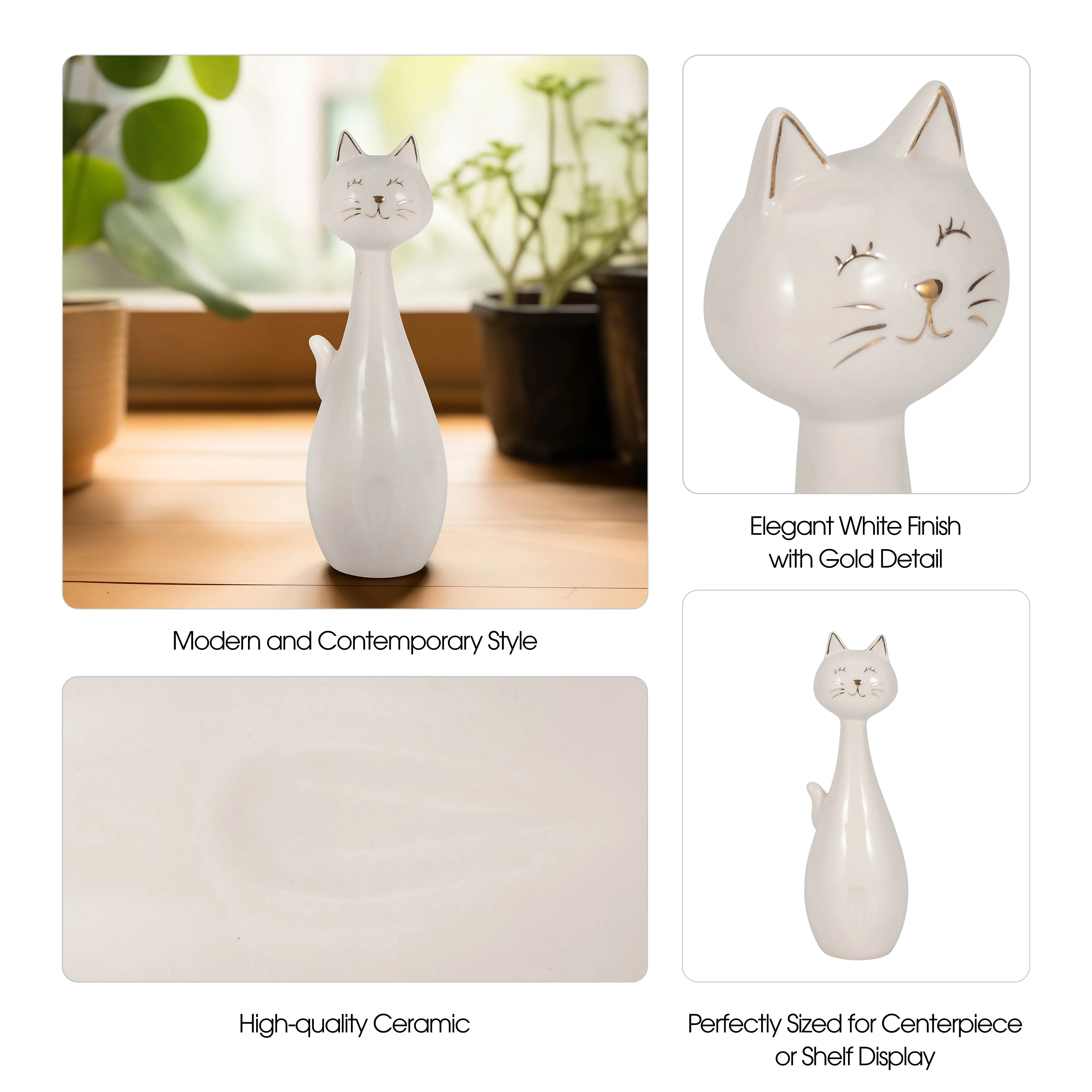 9" Sitting Kitty, White/gold