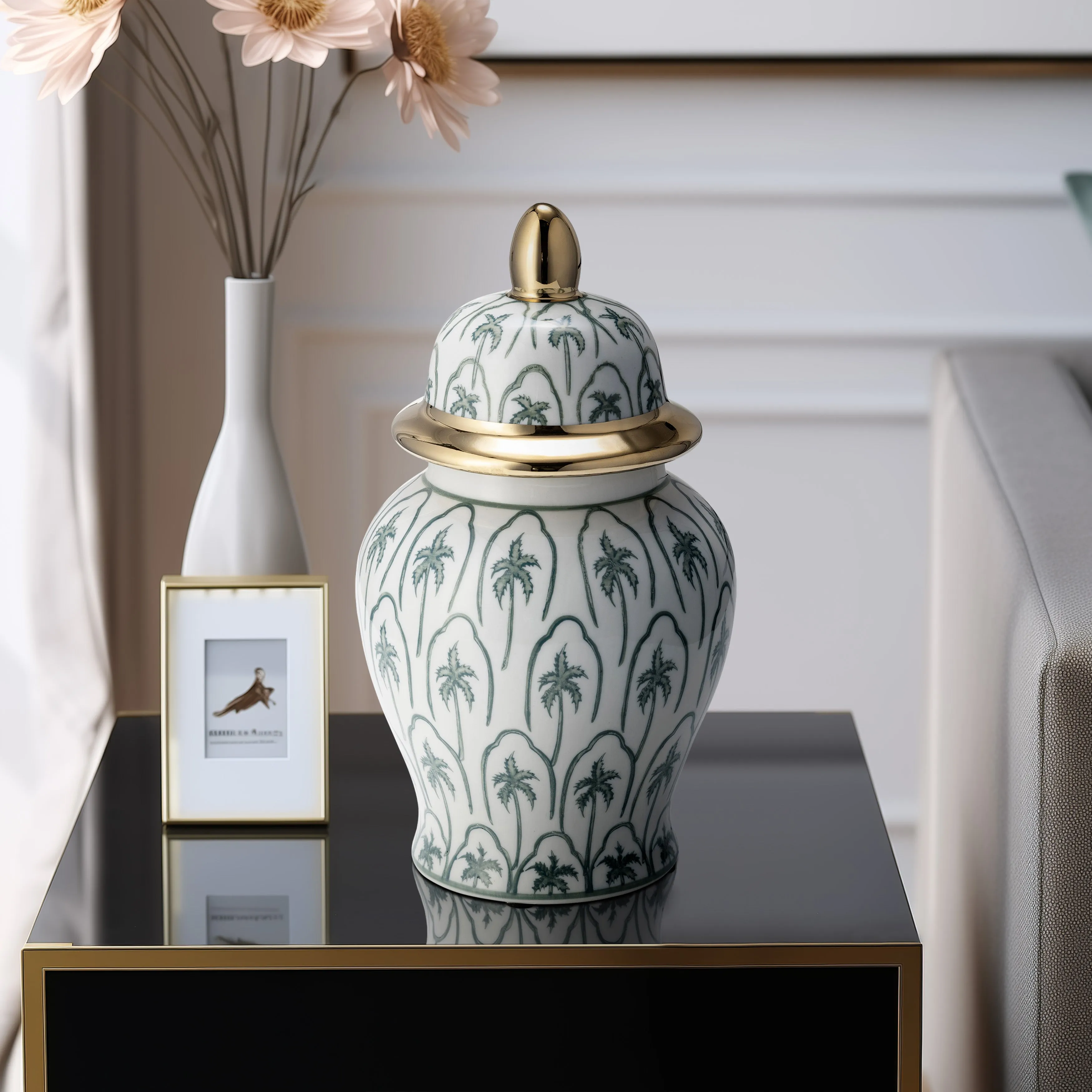 CER, 10"H TEMPLE JAR, GREEN/GOLD