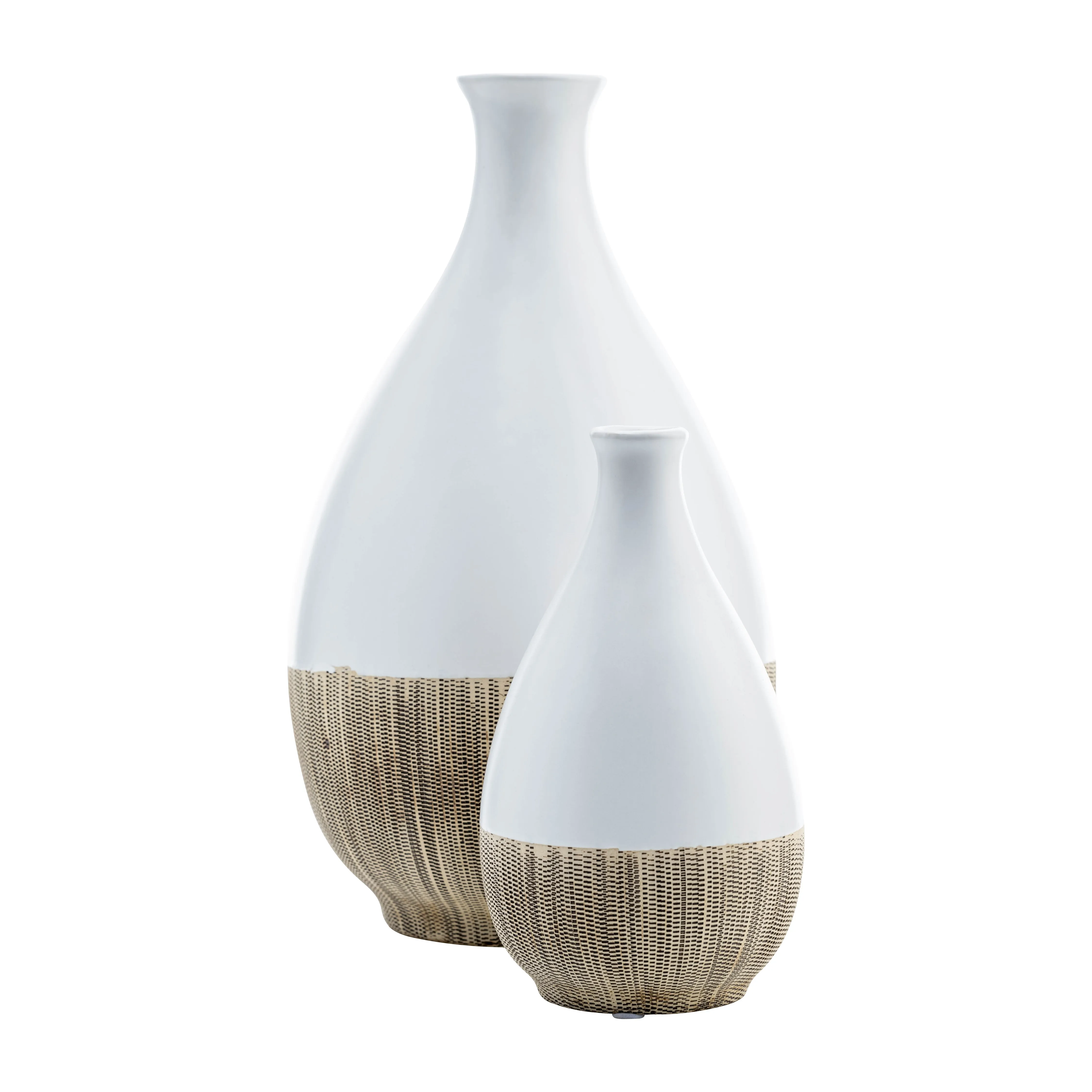 CER, 11"H 2-TONE TEARDROP VASE, CREME/WHT