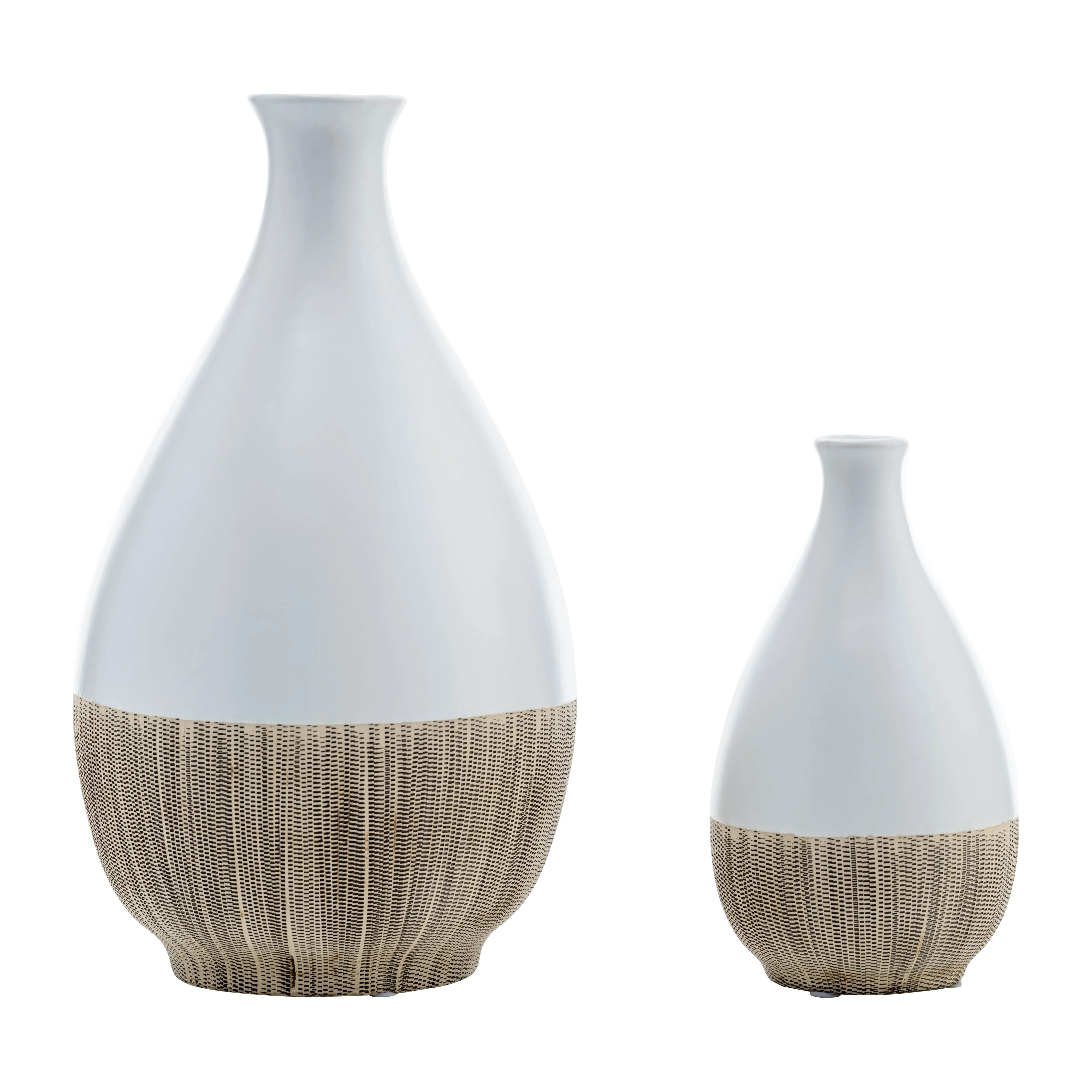 CER, 11"H 2-TONE TEARDROP VASE, CREME/WHT