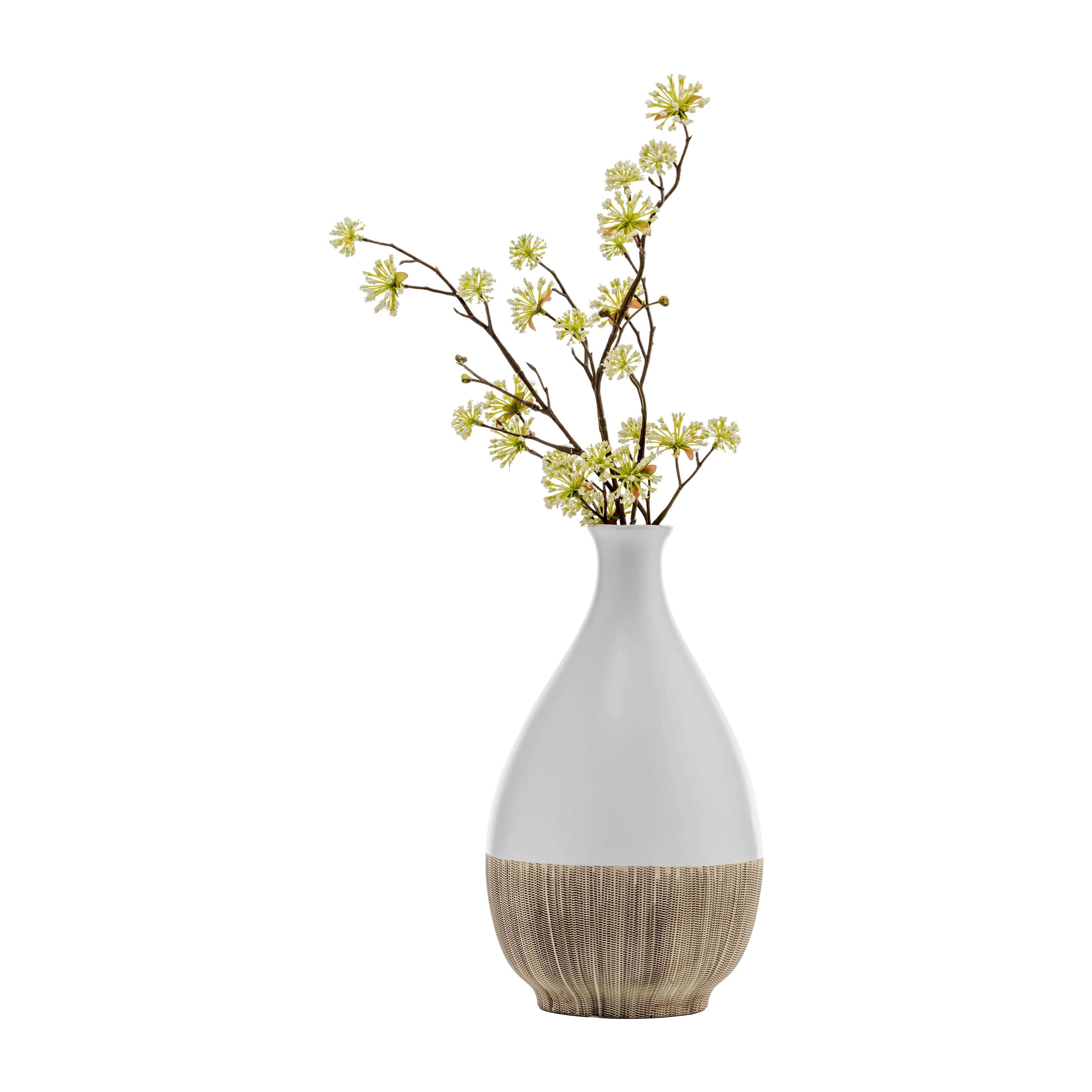 CER, 11"H 2-TONE TEARDROP VASE, CREME/WHT