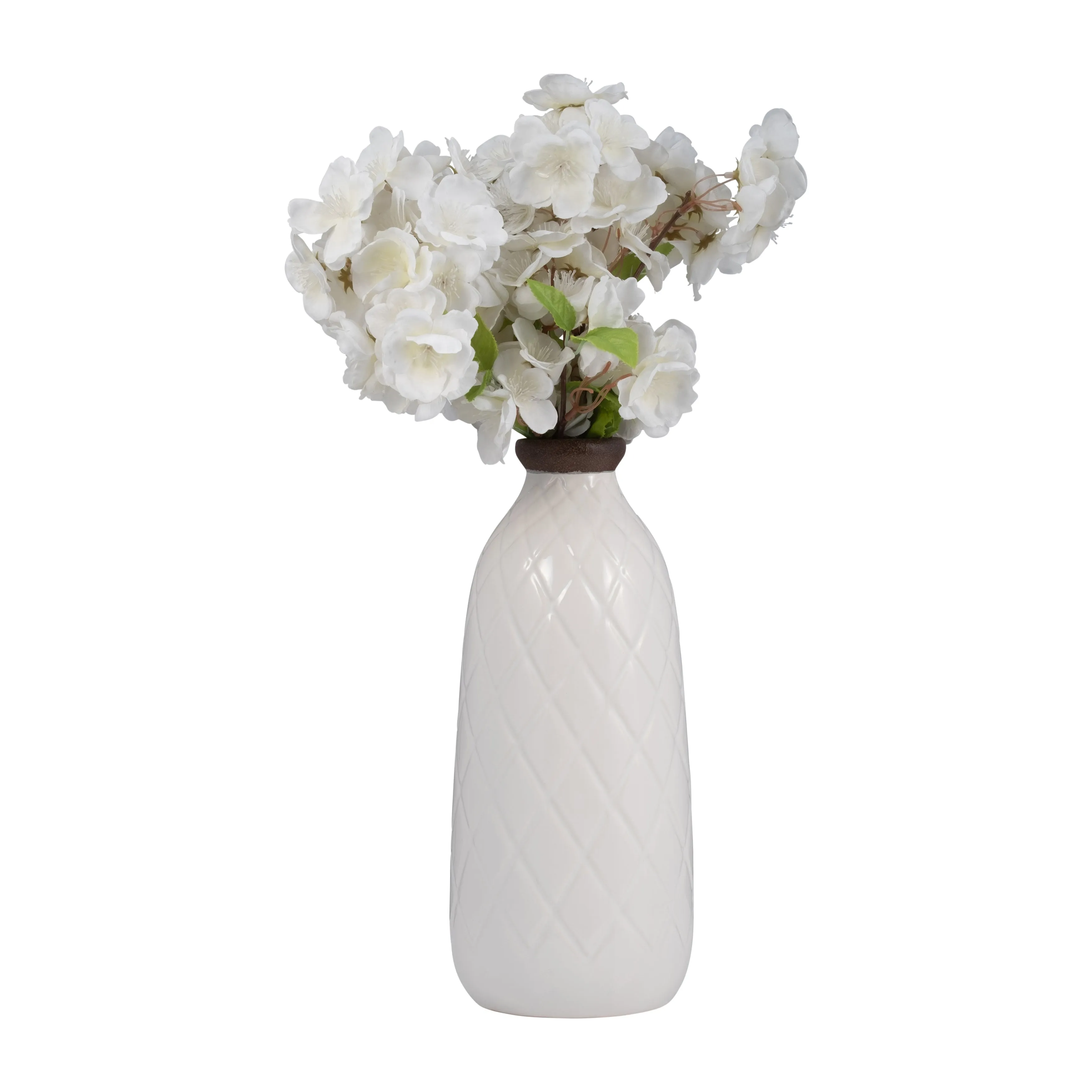 CER, 12" PLAID TEXTURED VASE, WHITE