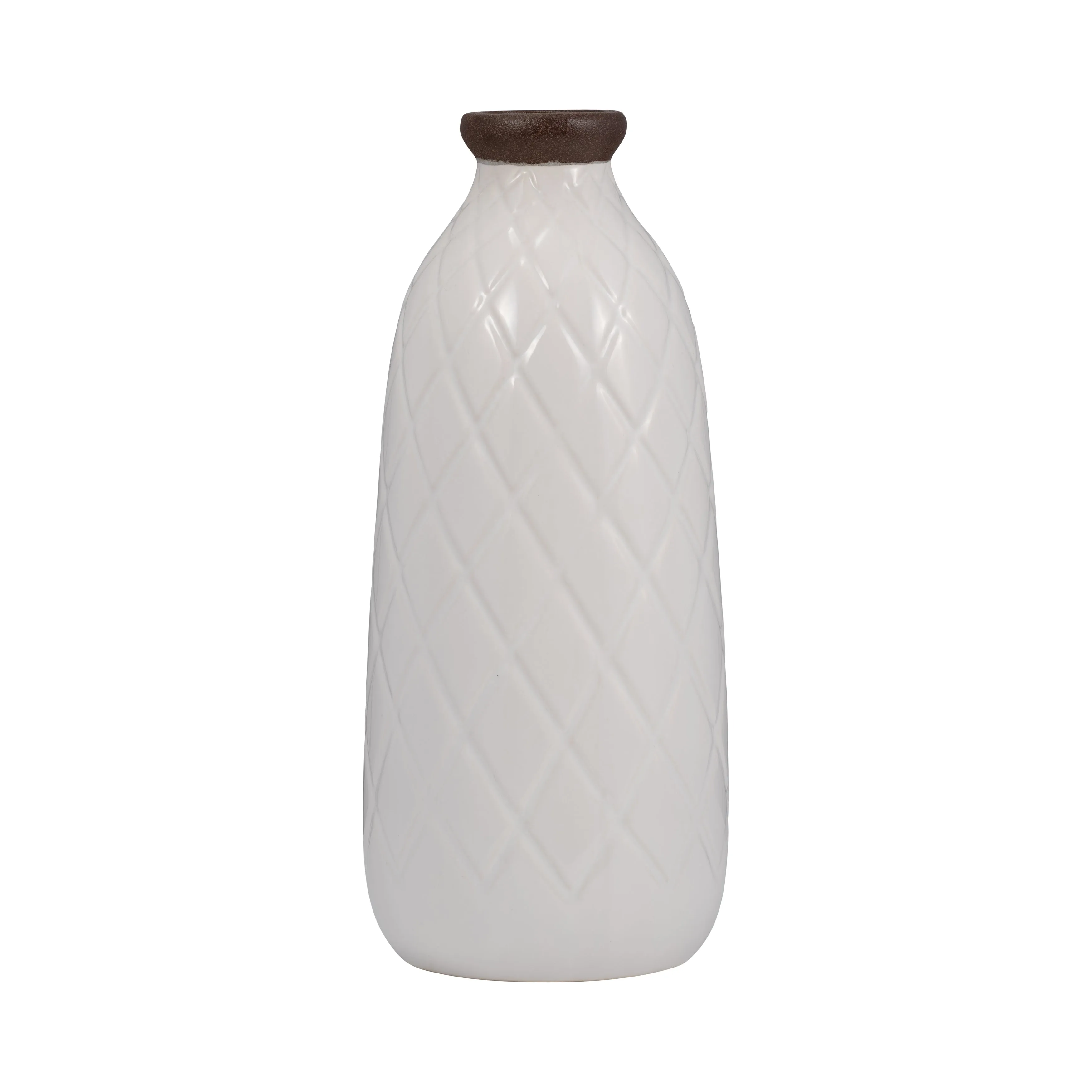 CER, 12" PLAID TEXTURED VASE, WHITE