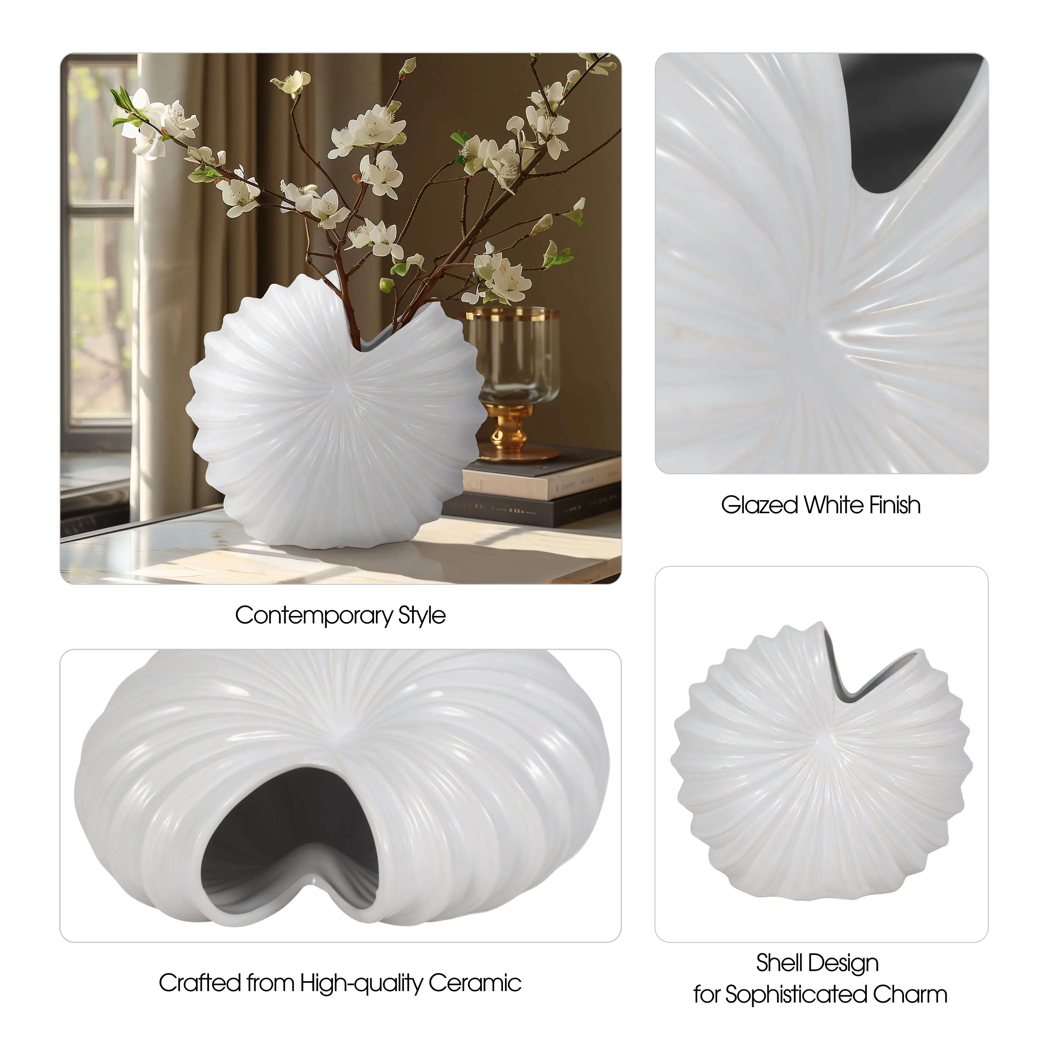 CER, 12" SHELL VASE, WHITE