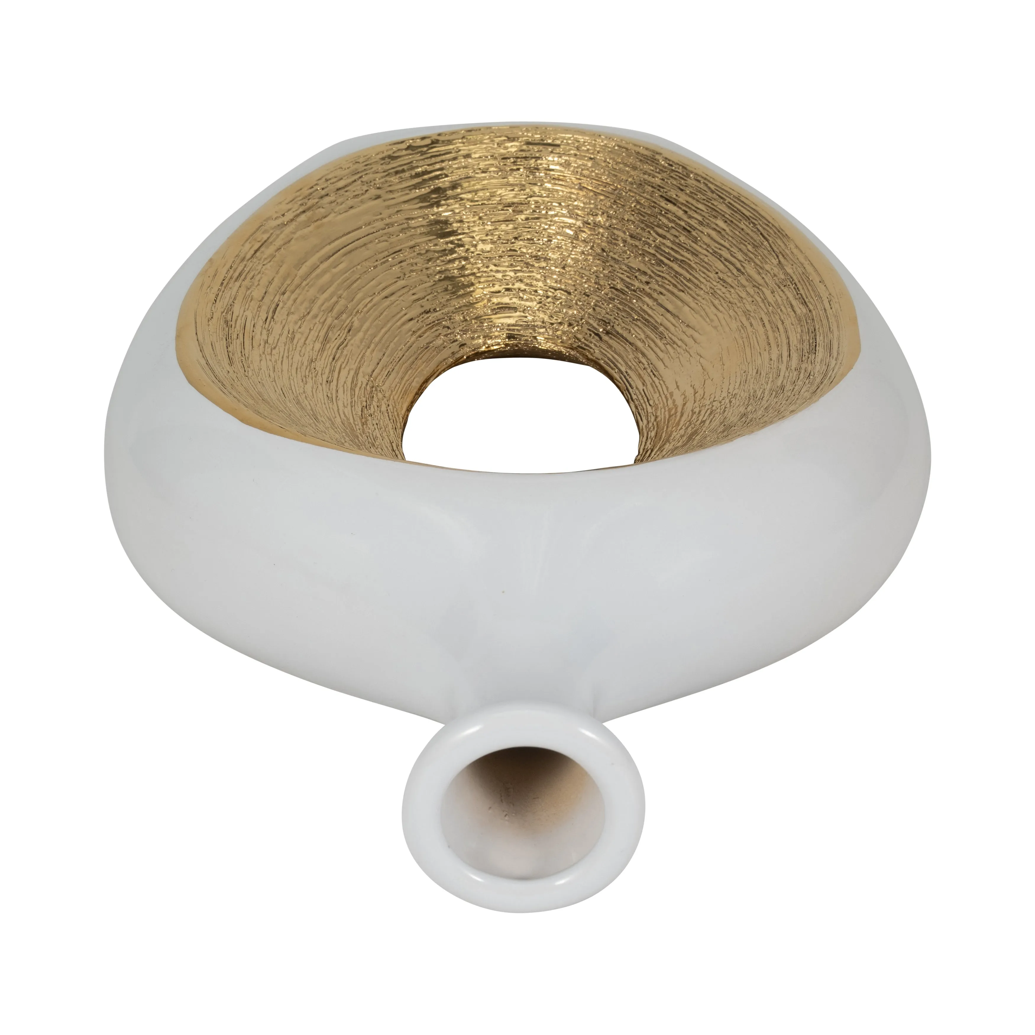 CER, 13"H 2-TONE SCRATCHED OVAL VASE, WHT/GLD