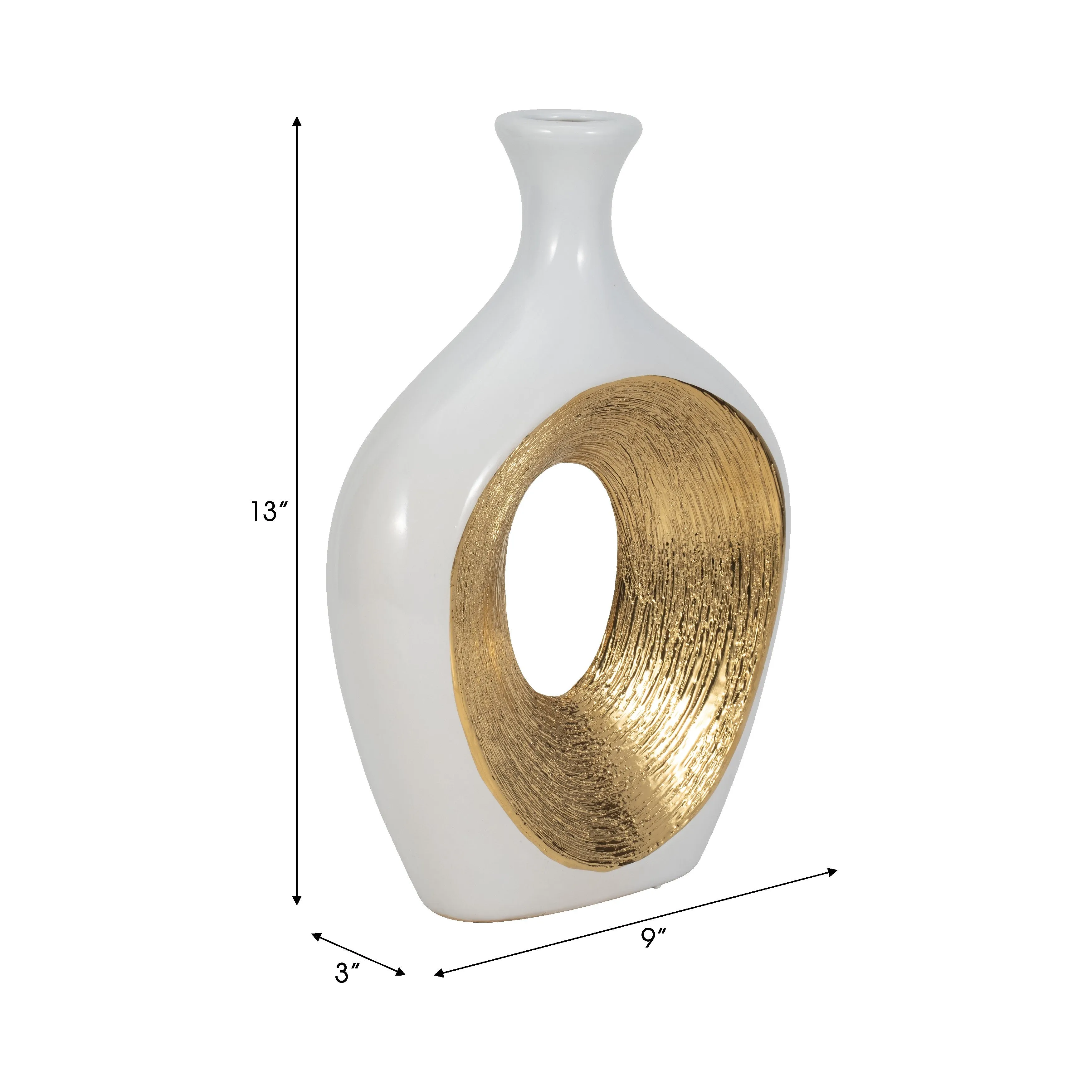 CER, 13"H 2-TONE SCRATCHED OVAL VASE, WHT/GLD