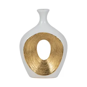 CER, 13"H 2-TONE SCRATCHED OVAL VASE, WHT/GLD