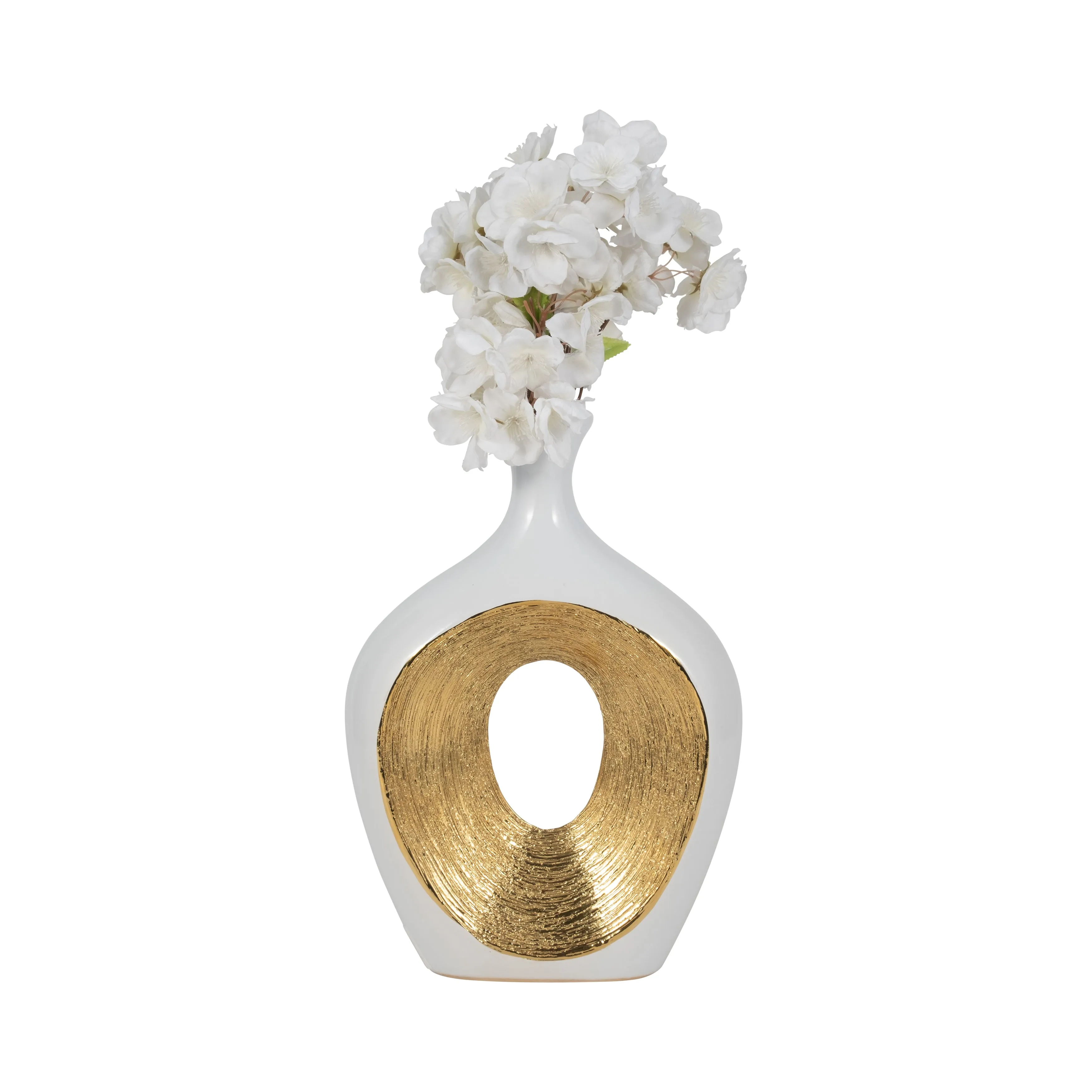 CER, 13"H 2-TONE SCRATCHED OVAL VASE, WHT/GLD