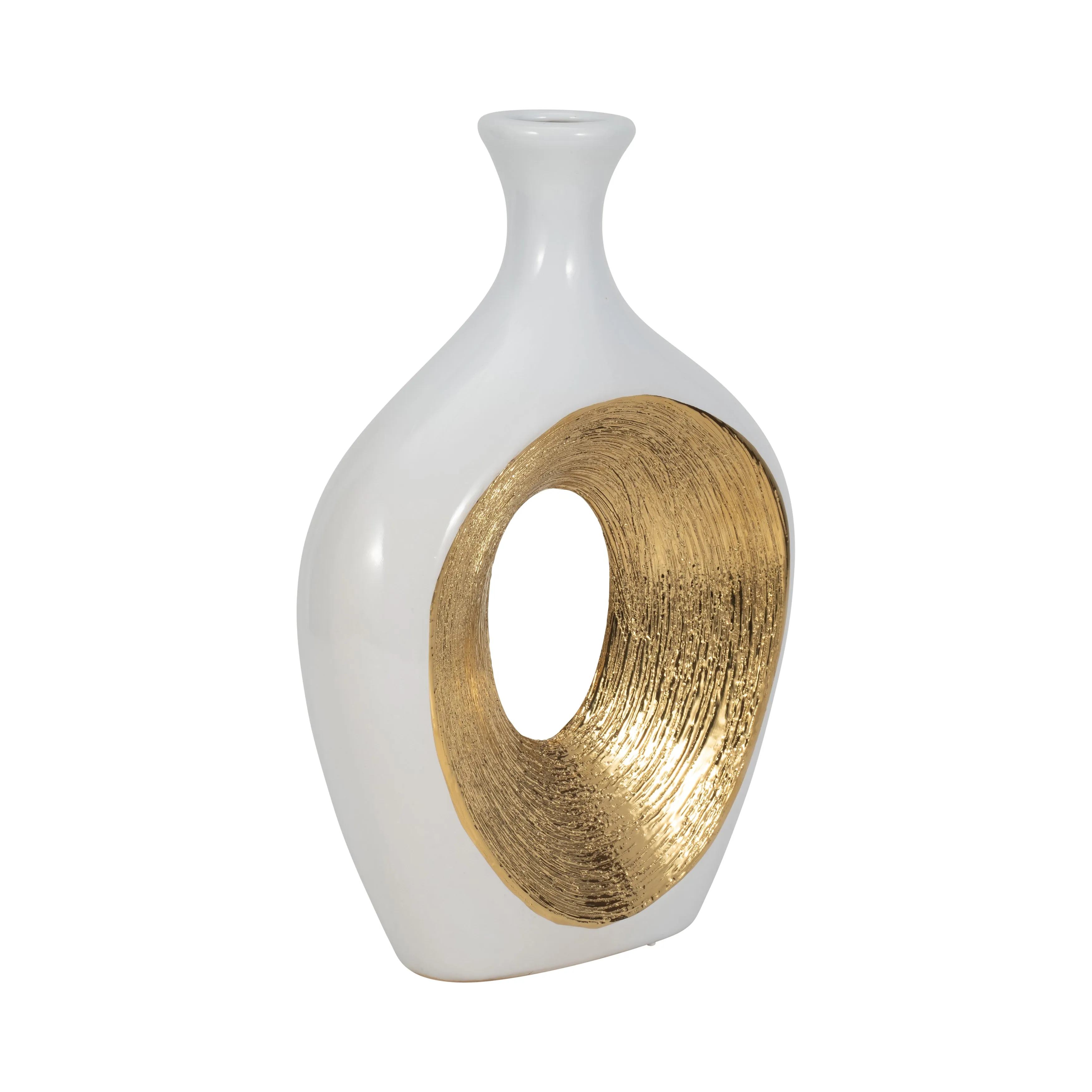 CER, 13"H 2-TONE SCRATCHED OVAL VASE, WHT/GLD