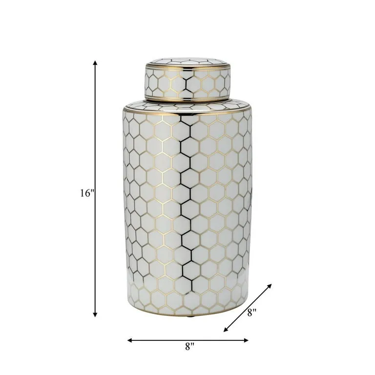 CER, 16" HONEYCOMB JAR W/ LID, GOLD