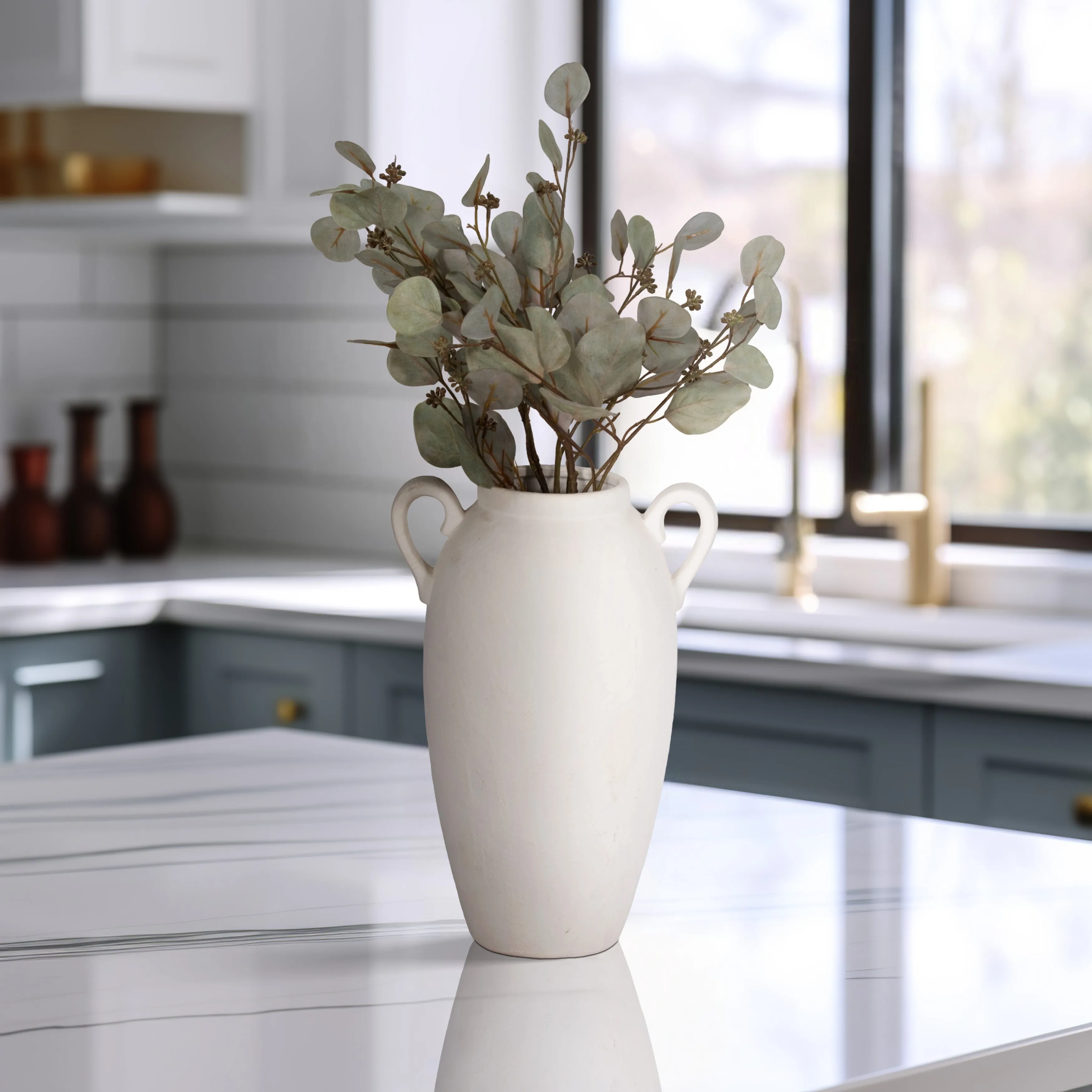 CER, 16" TEXTURED JUG W/ HANDLES, WHITE