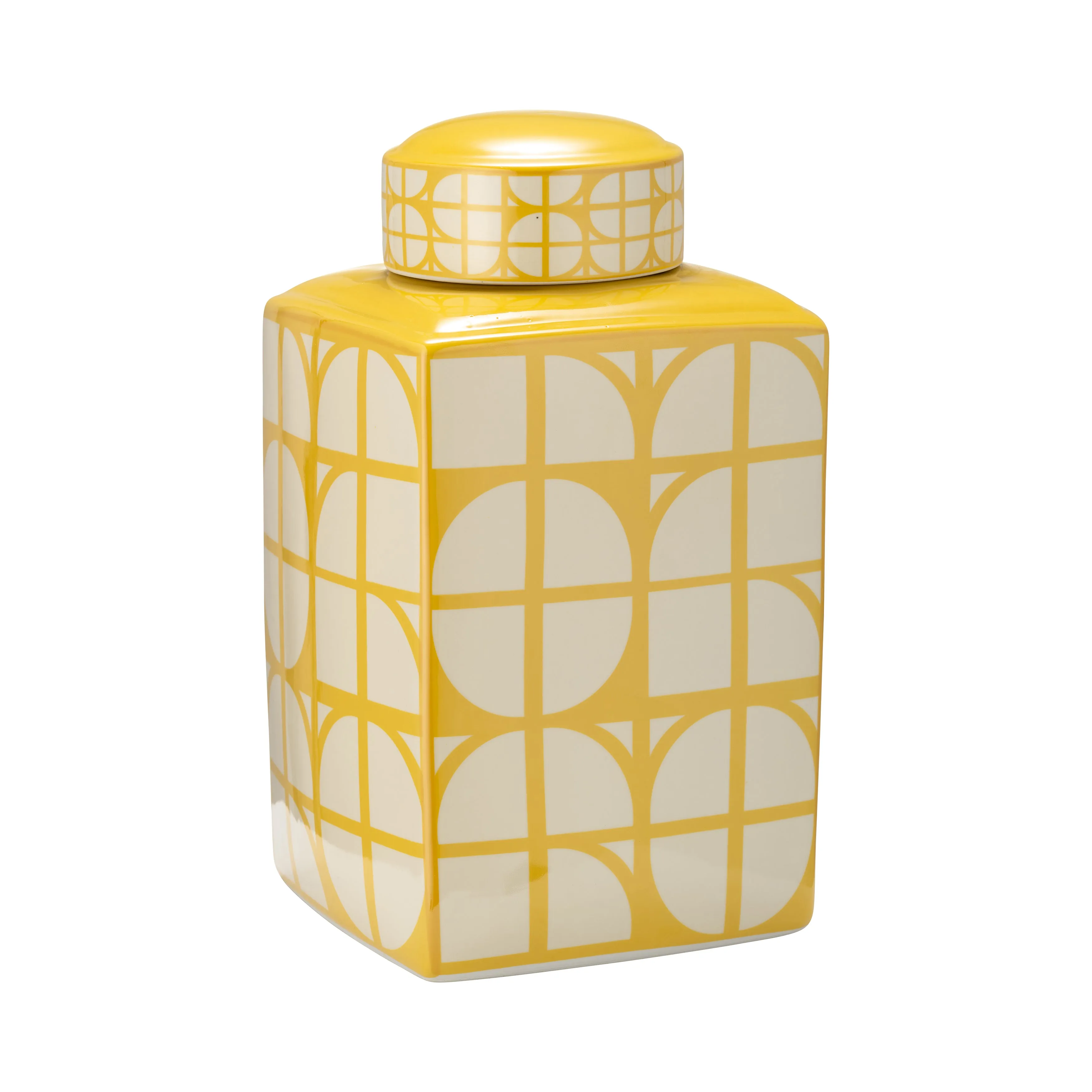 CER, 16"H SQUARE JAR W/ LID, YELLOW/COTTON