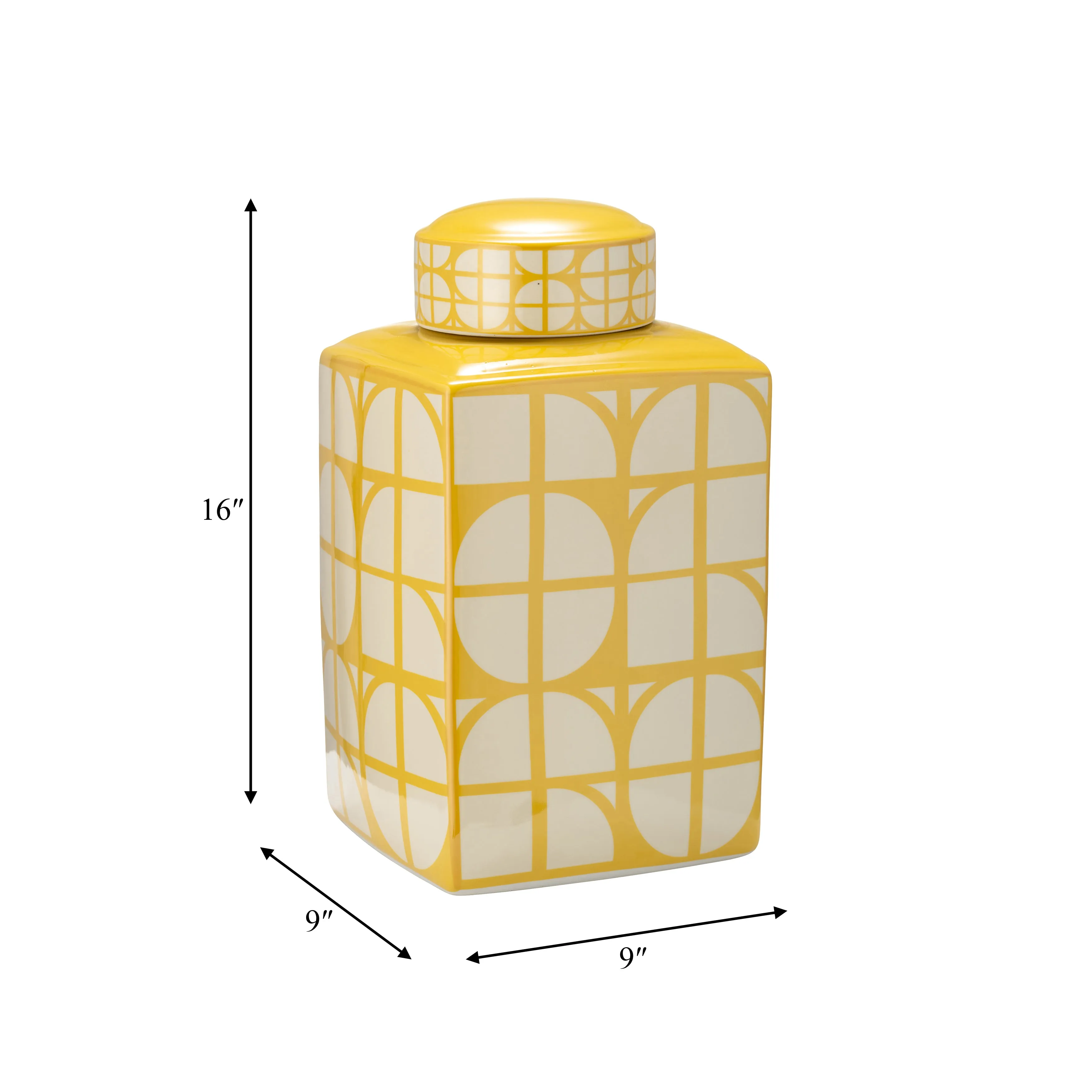CER, 16"H SQUARE JAR W/ LID, YELLOW/COTTON