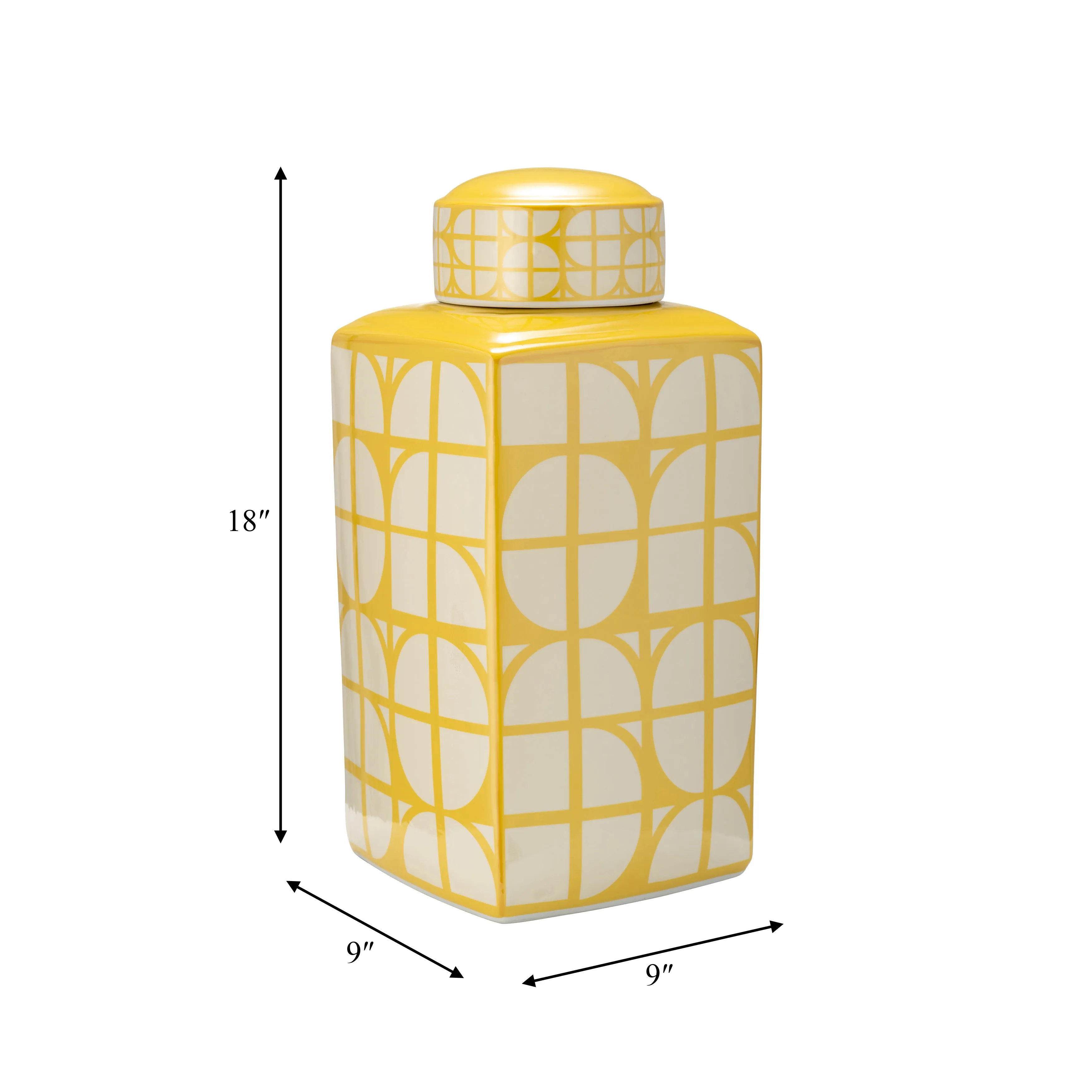 CER, 18"H SQUARE JAR W/ LID, YELLOW/COTTON