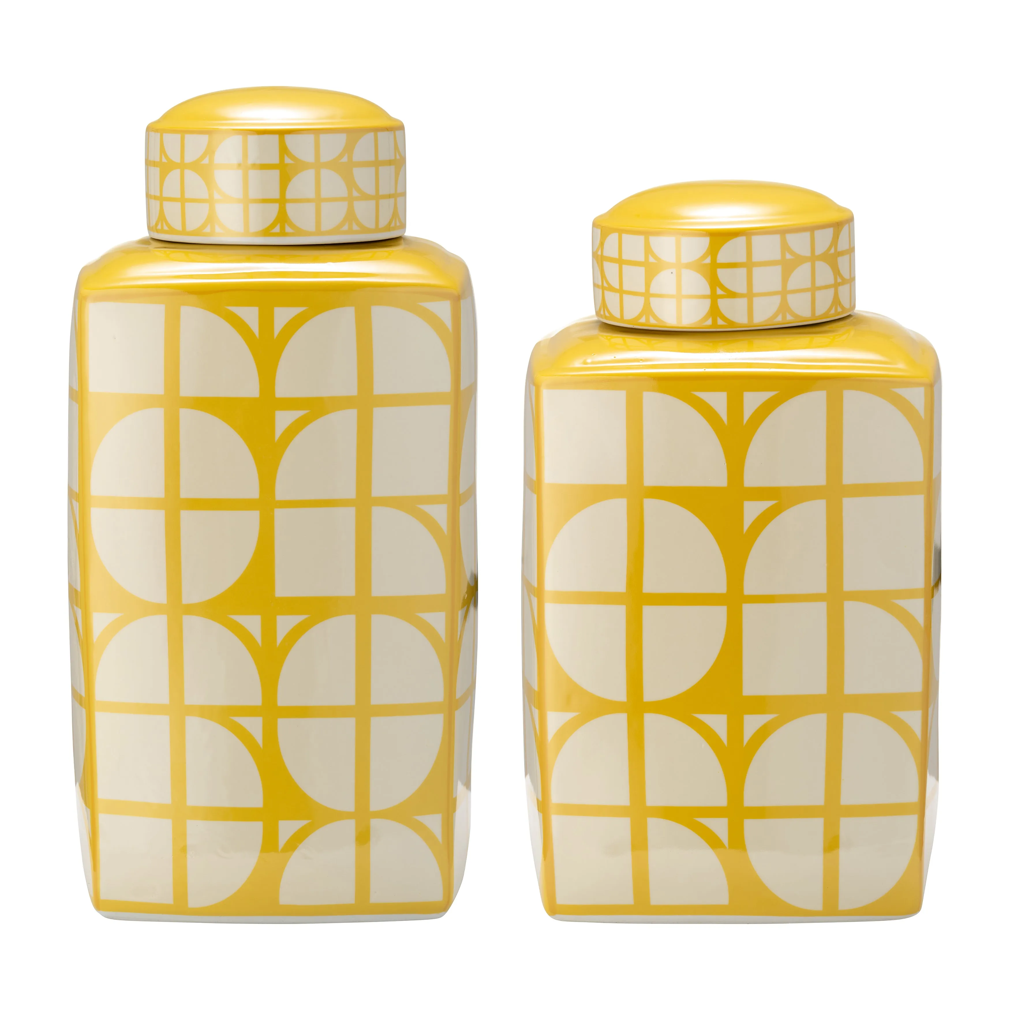 CER, 18"H SQUARE JAR W/ LID, YELLOW/COTTON