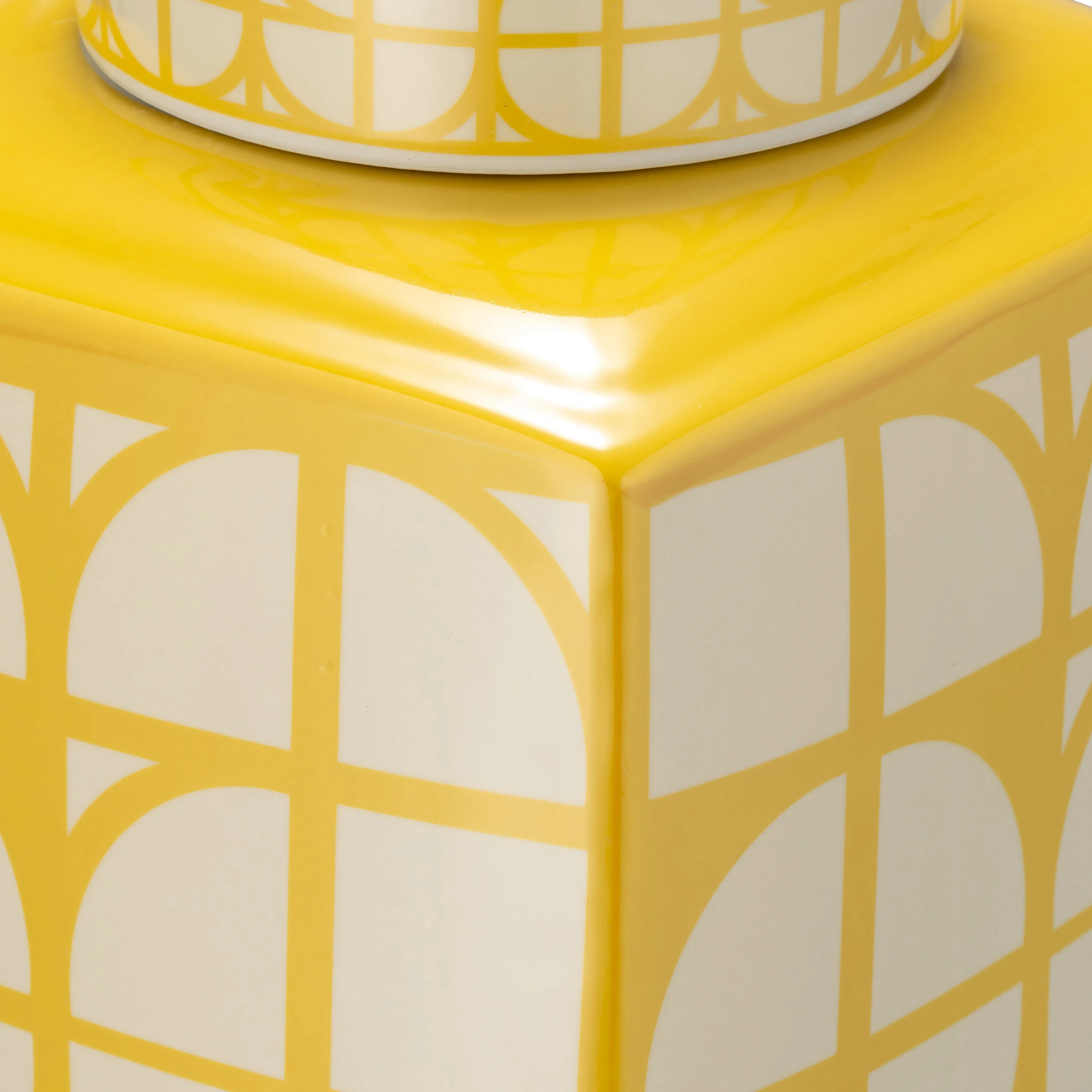CER, 18"H SQUARE JAR W/ LID, YELLOW/COTTON