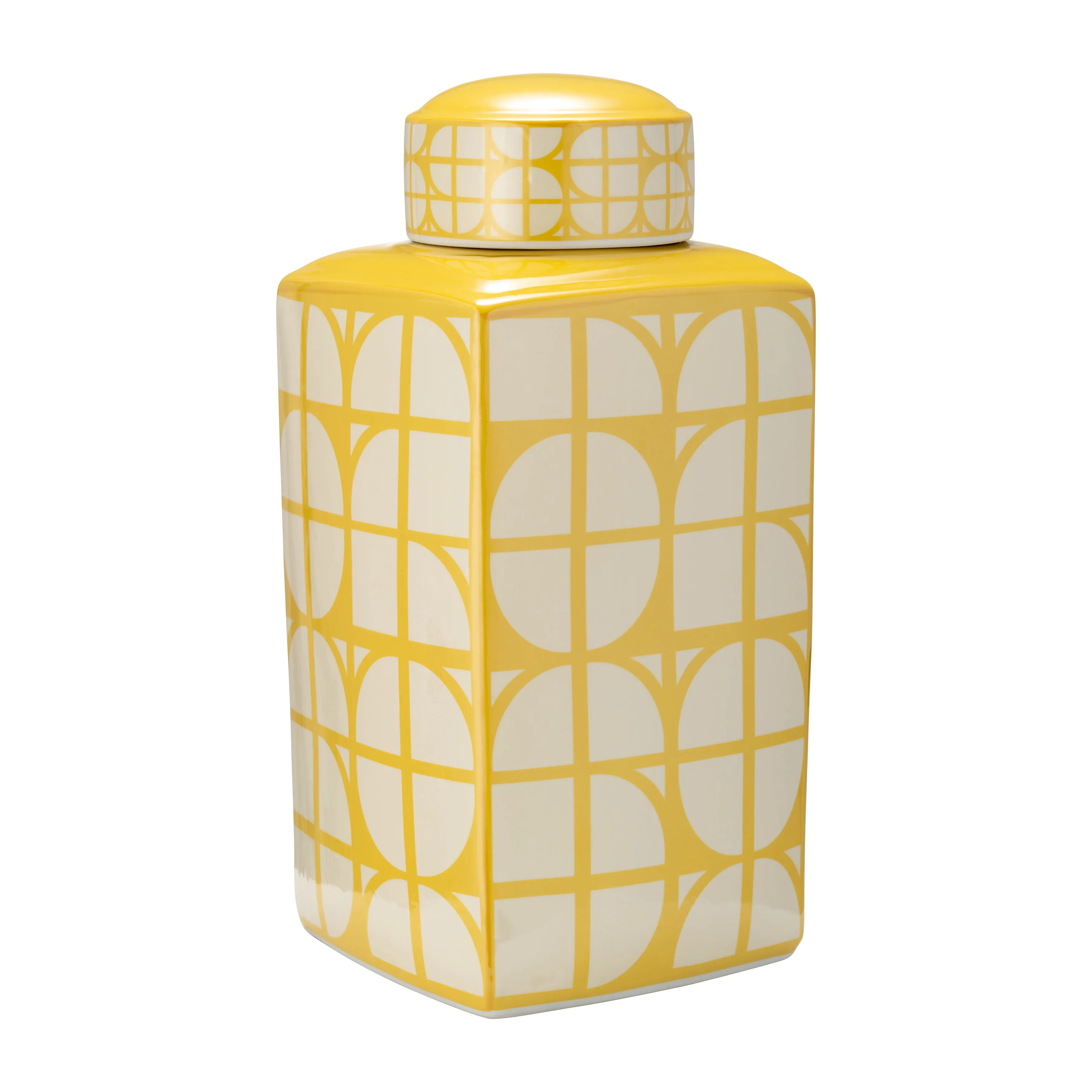 CER, 18"H SQUARE JAR W/ LID, YELLOW/COTTON