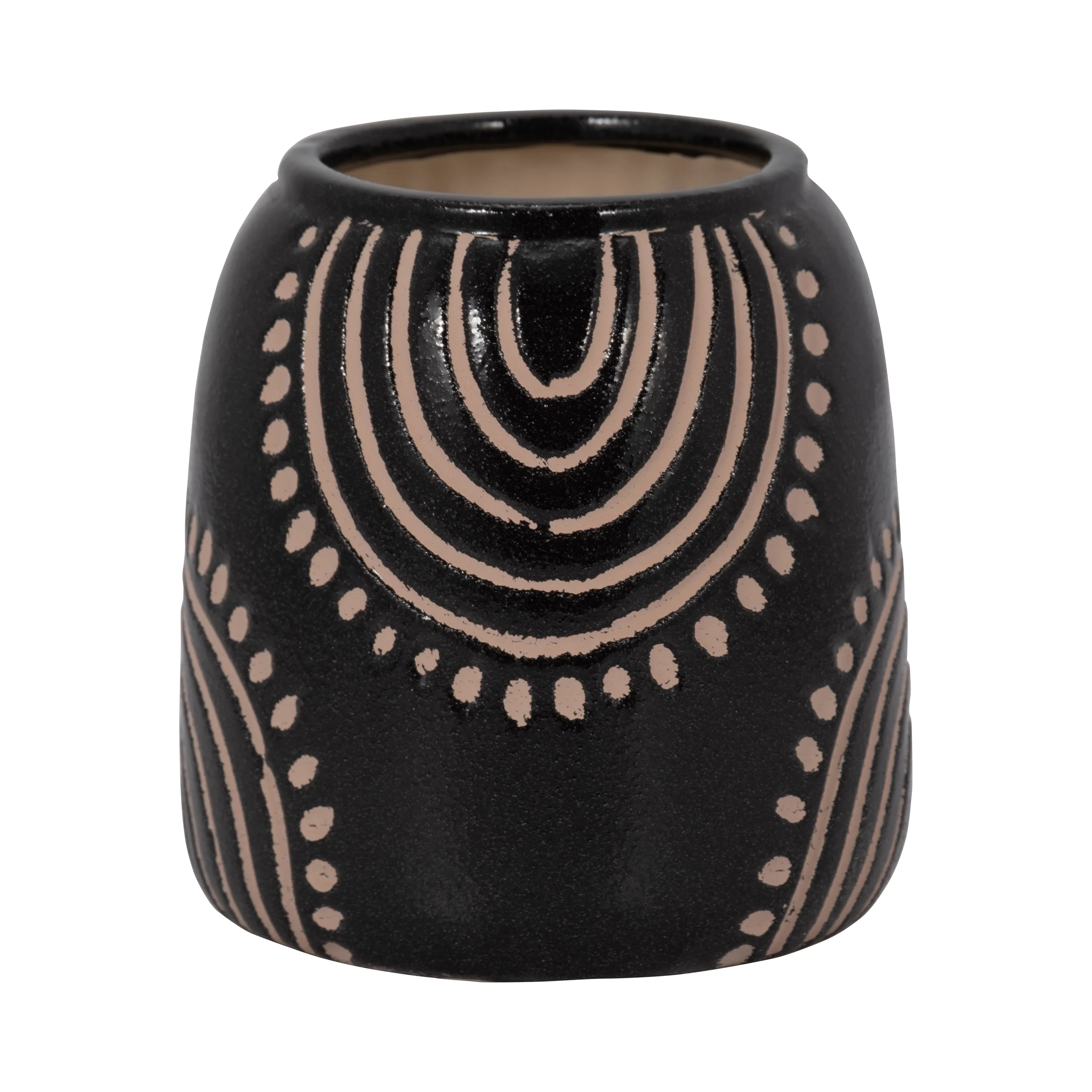 CER, 6" TRIBAL ARCH VASE, BLACK/TAN