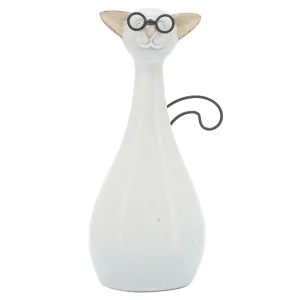 CER, 7"H CHUBBY CAT W/ GLASSES, BEIGE