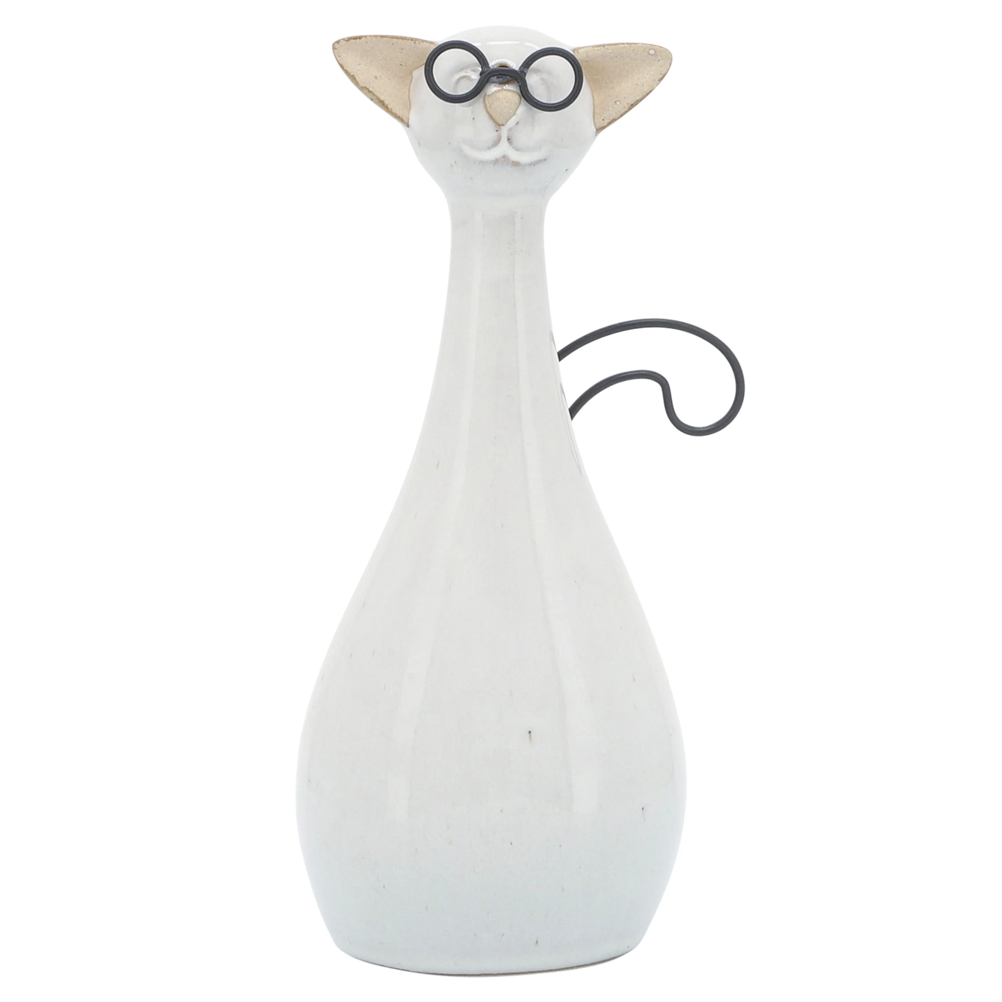 CER, 7"H CHUBBY CAT W/ GLASSES, BEIGE