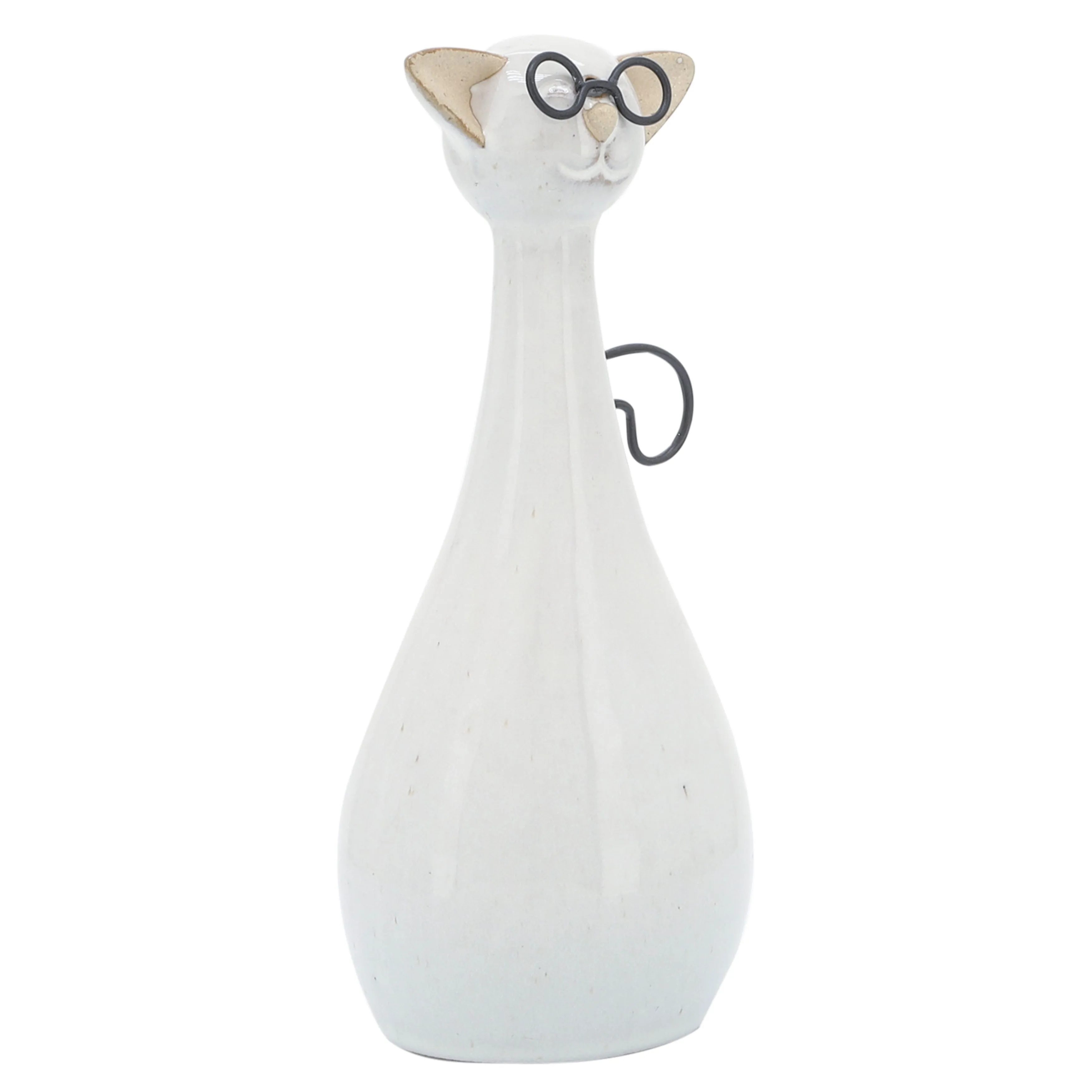 CER, 7"H CHUBBY CAT W/ GLASSES, BEIGE