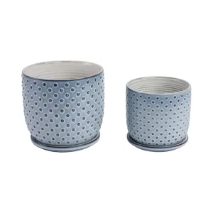 Cer, S/2 6/8" Dotted Planter W/ Saucer,  Blue