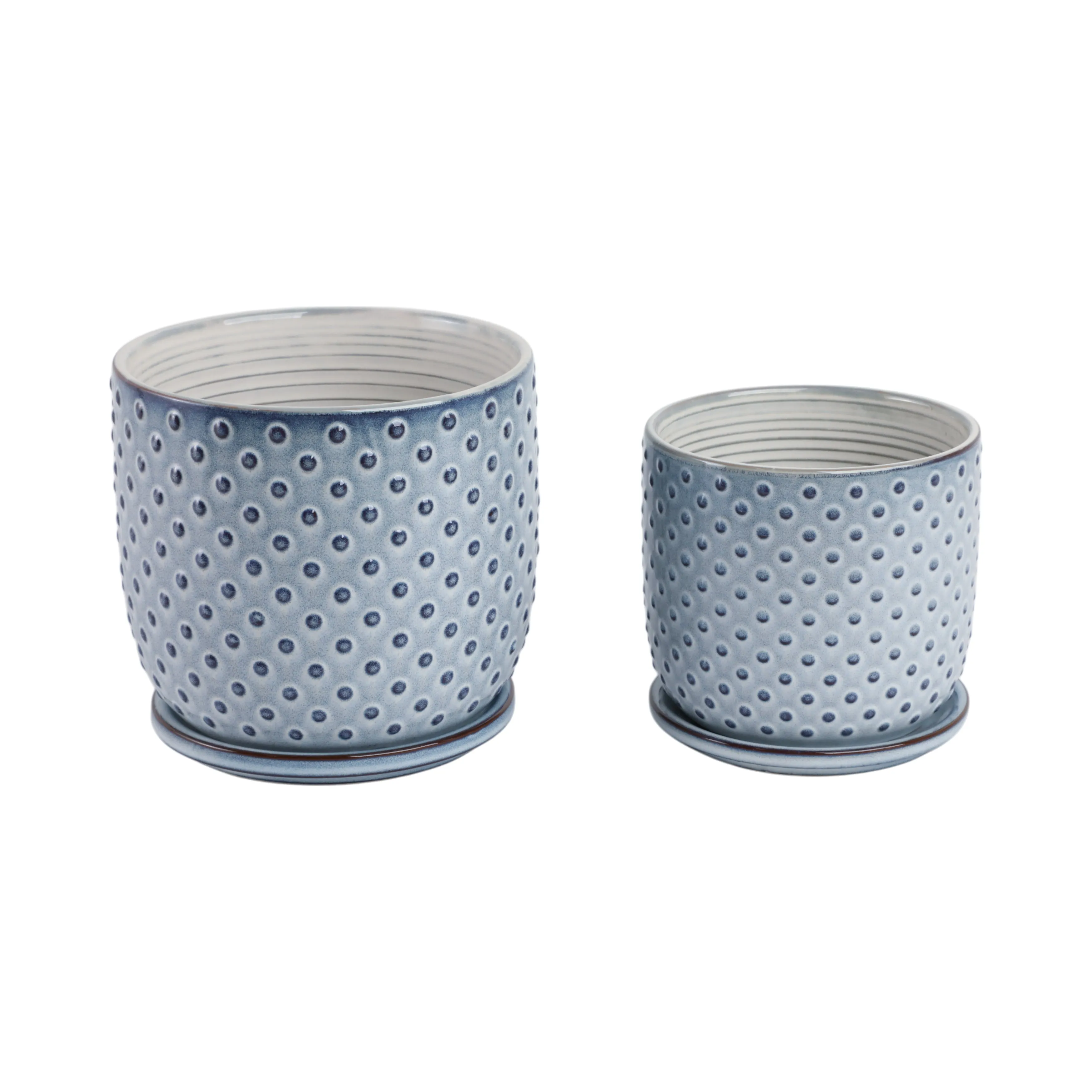 Cer, S/2 6/8" Dotted Planter W/ Saucer,  Blue