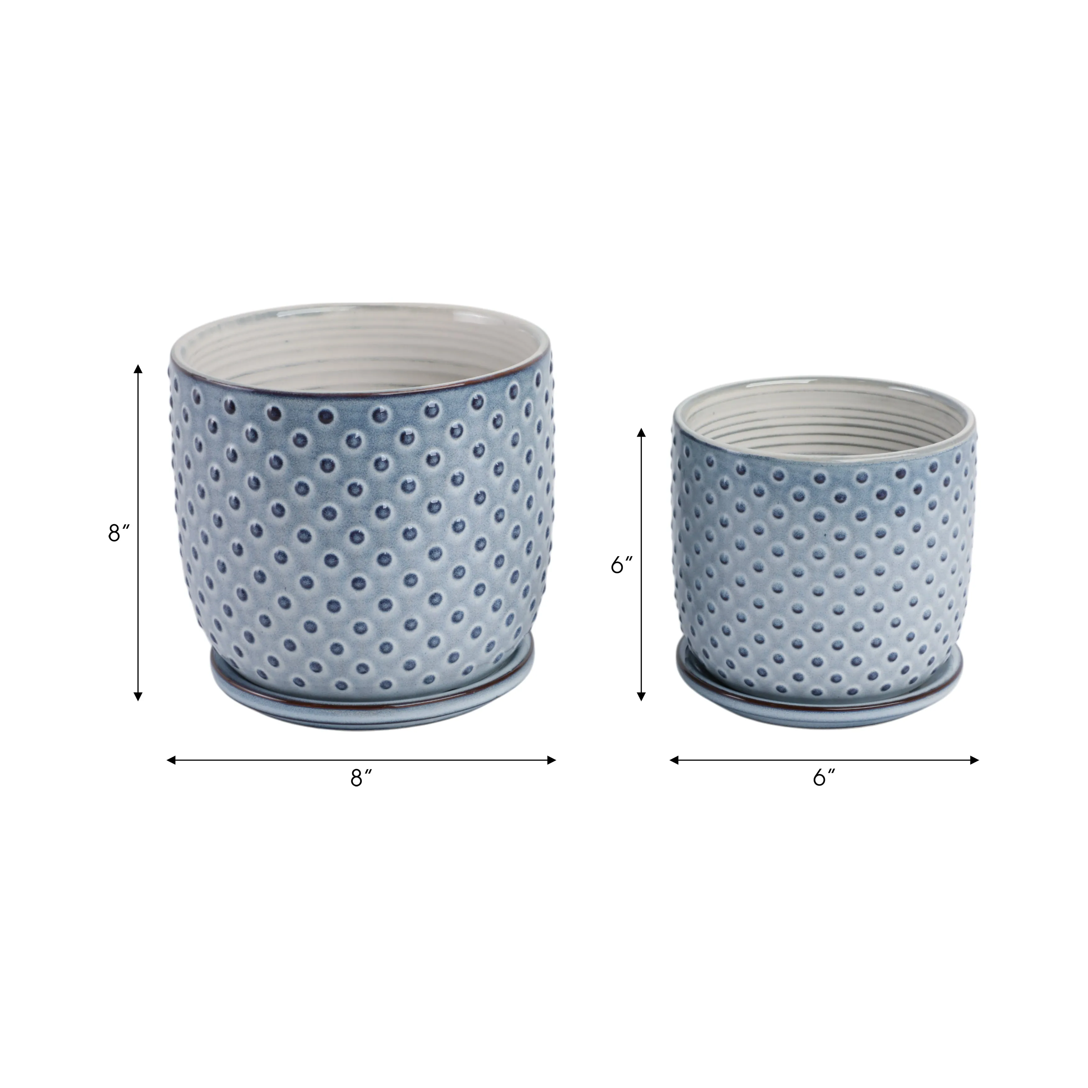 Cer, S/2 6/8" Dotted Planter W/ Saucer,  Blue
