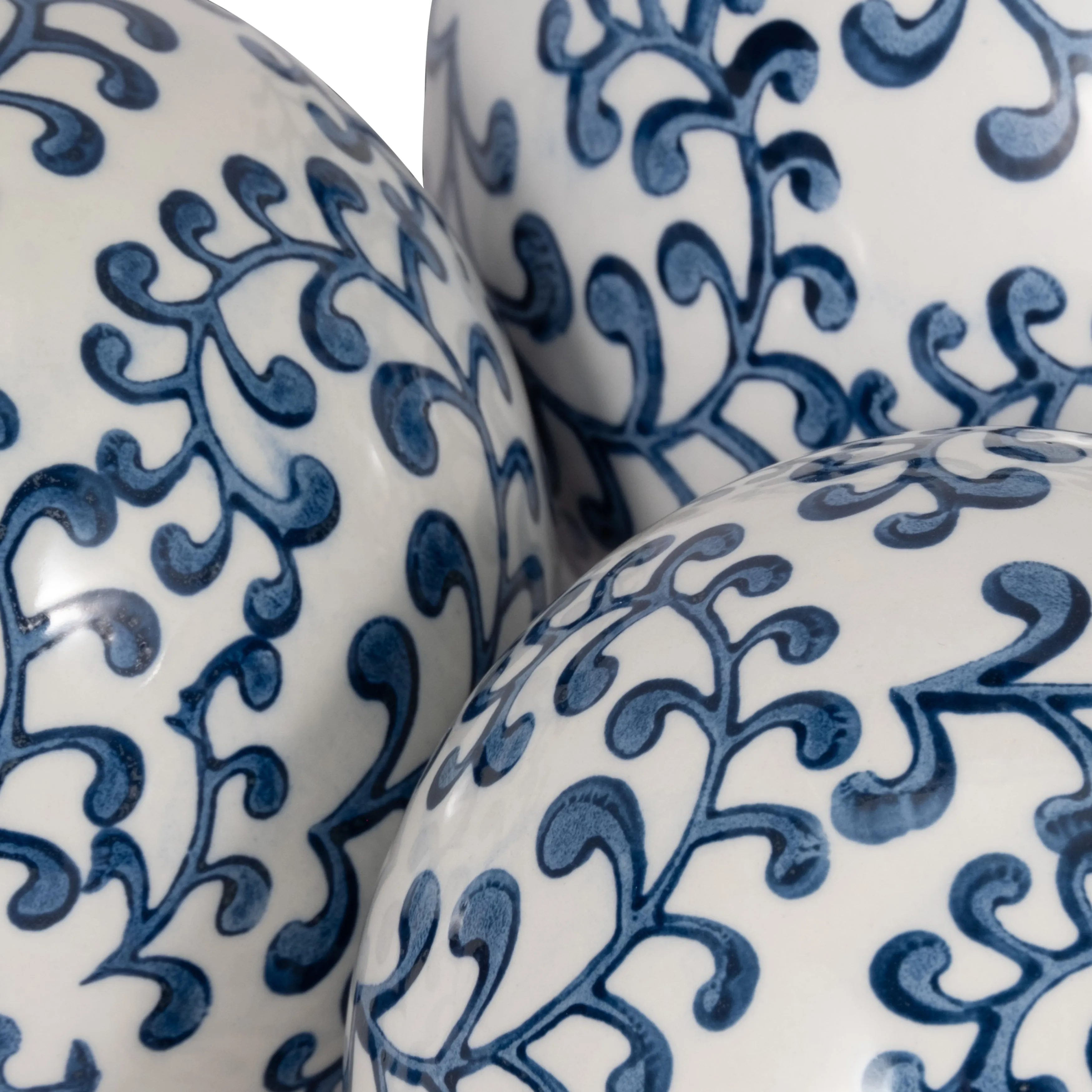 CER, S/3 CHINOISERIE FERN ORBS, 4/5/6" BLUE/WHT