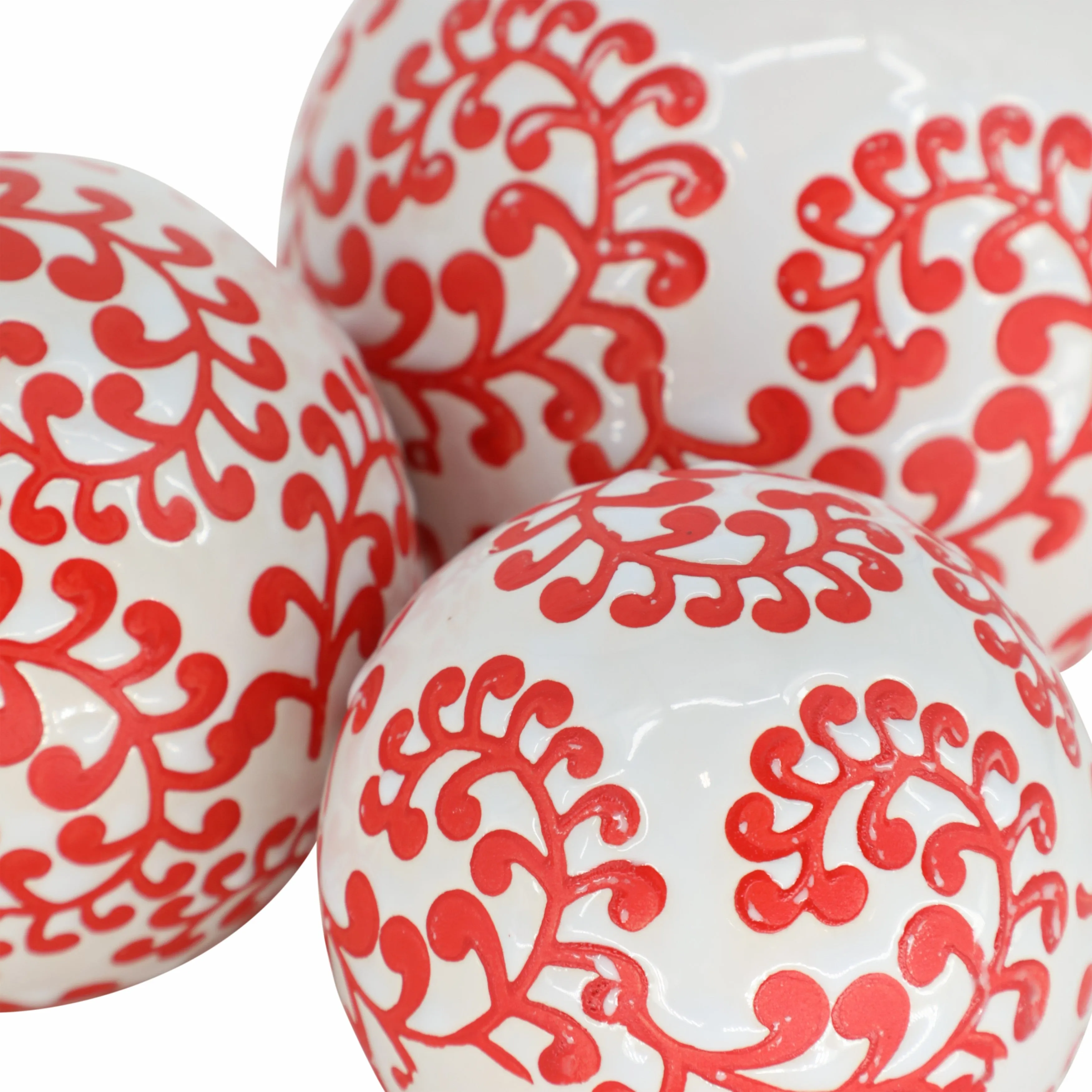 CER, S/3 FERN ORBS, 4/5/6" WHITE/RED