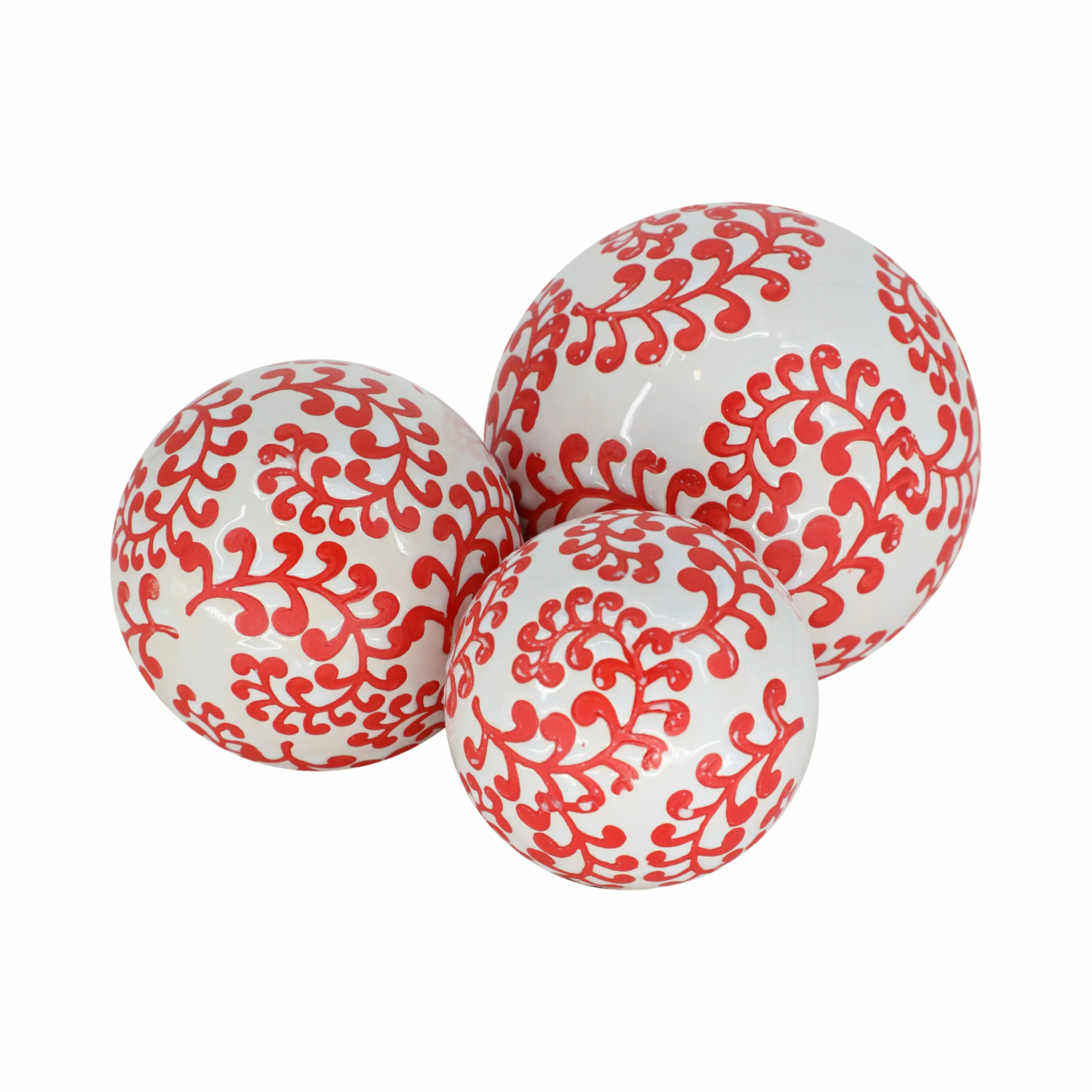 CER, S/3 FERN ORBS, 4/5/6" WHITE/RED