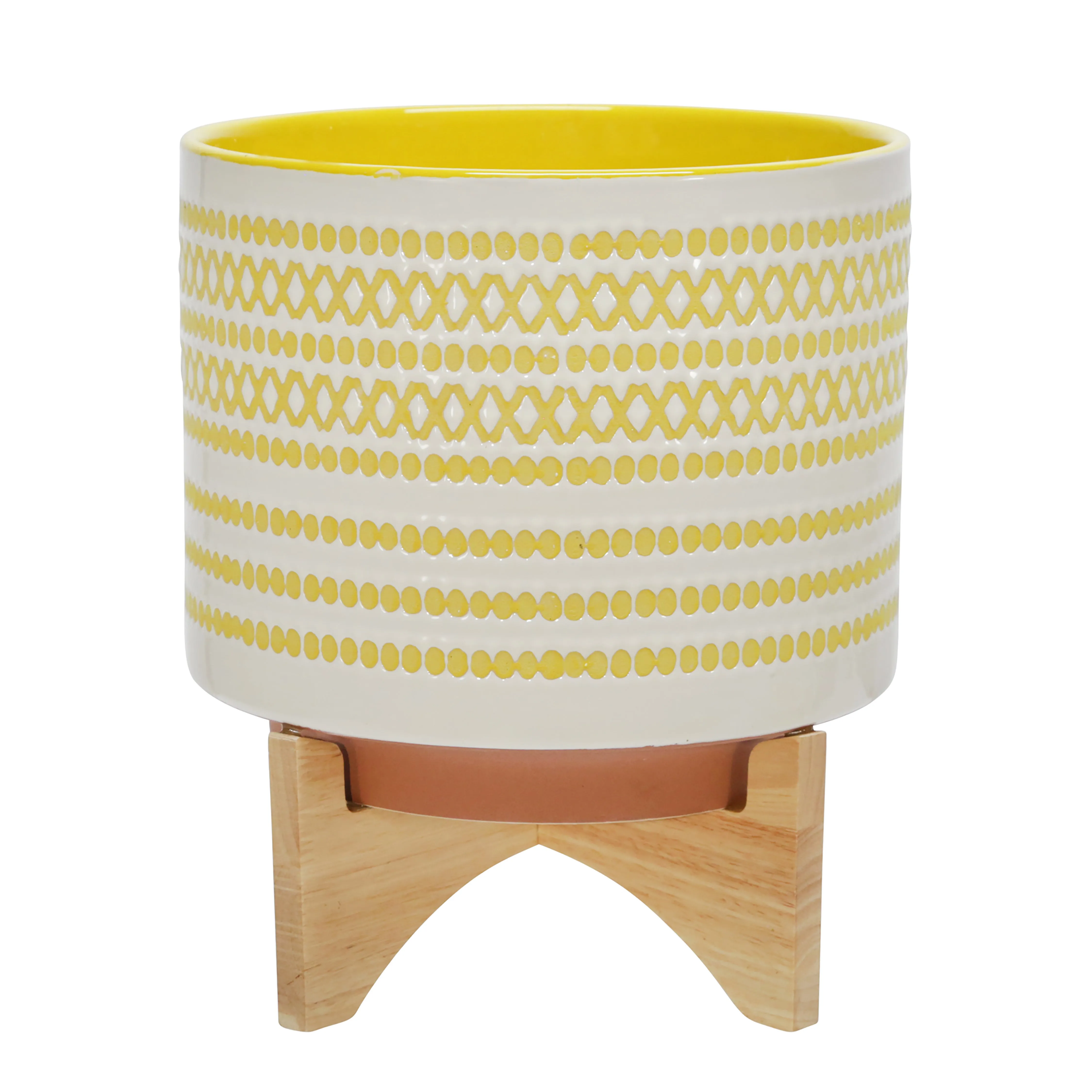 CERAMIC 11" PLANTER ON STAND W/ DOTS, YELLOW