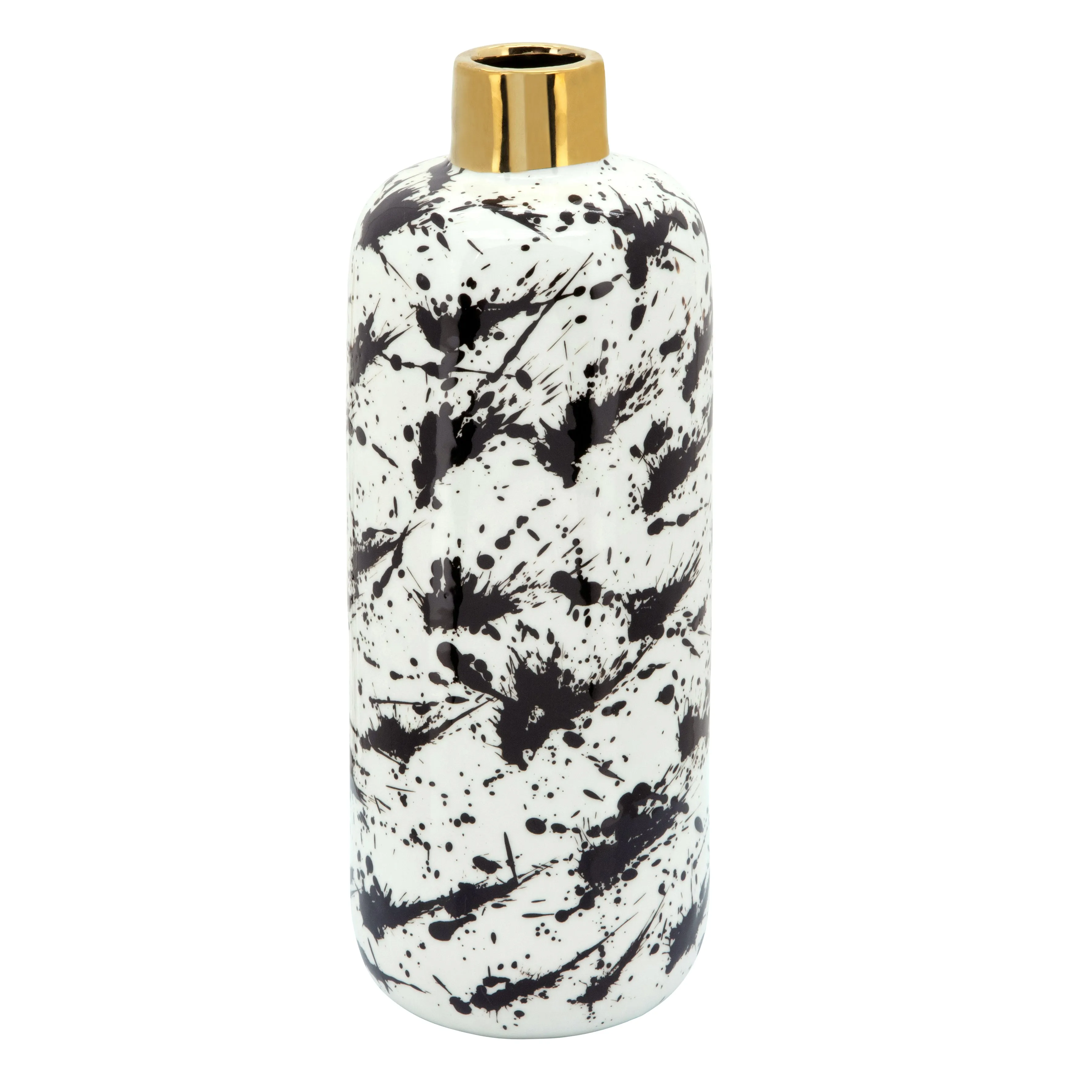 CERAMIC 15"H VASE W/ GOLD LID, WHITE/BLACK