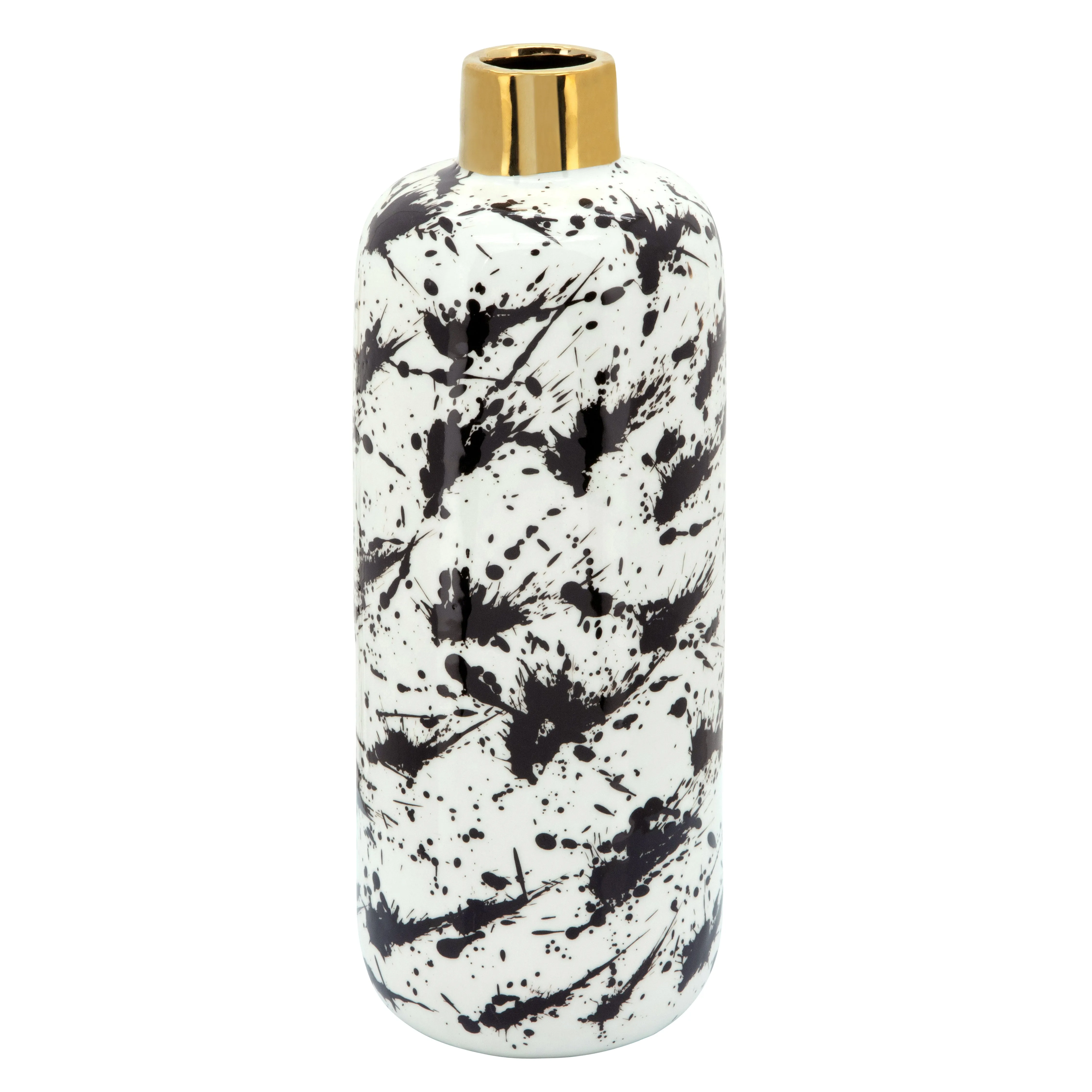 CERAMIC 15"H VASE W/ GOLD LID, WHITE/BLACK