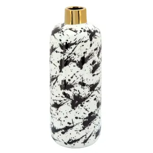 CERAMIC 15"H VASE W/ GOLD LID, WHITE/BLACK
