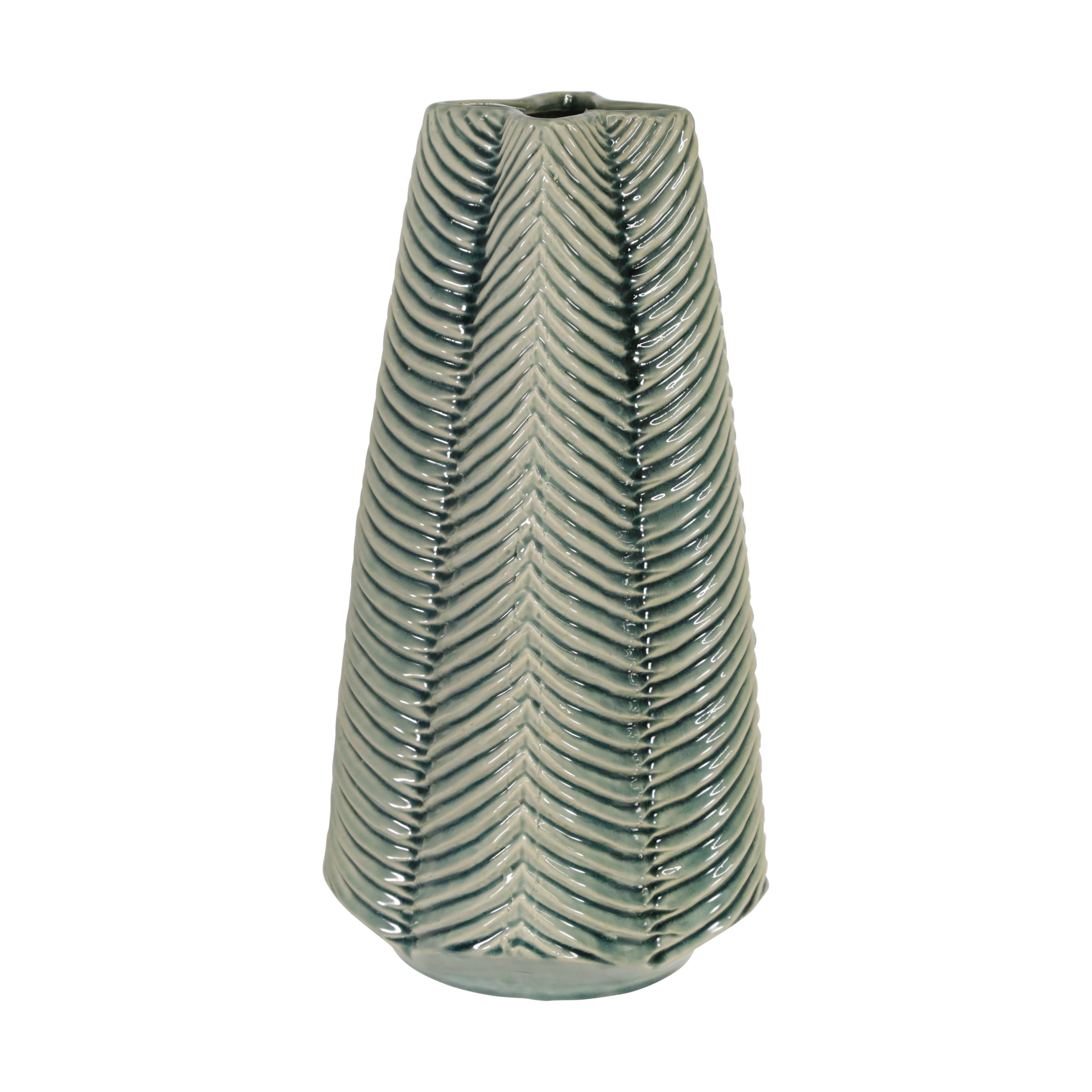 CERAMIC 16" RIBBED VASE, GREEN