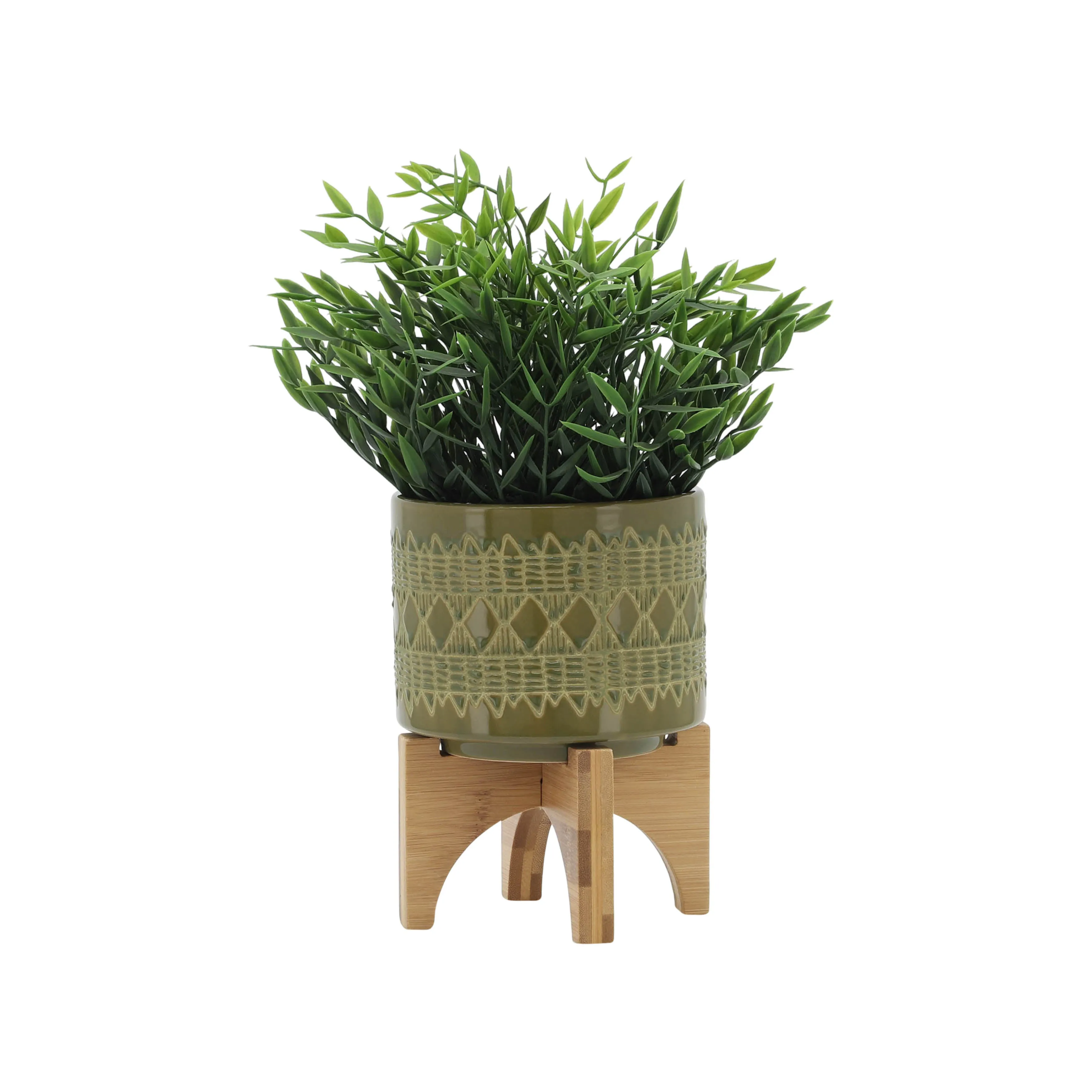 CERAMIC 5" AZTEC PLANTER ON WOODEN STAND, OLIVE
